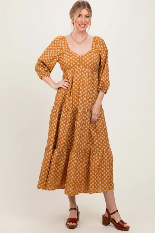 Dark Yellow Floral Long Sleeve Tiered Maxi Dress sold by Pinkblush