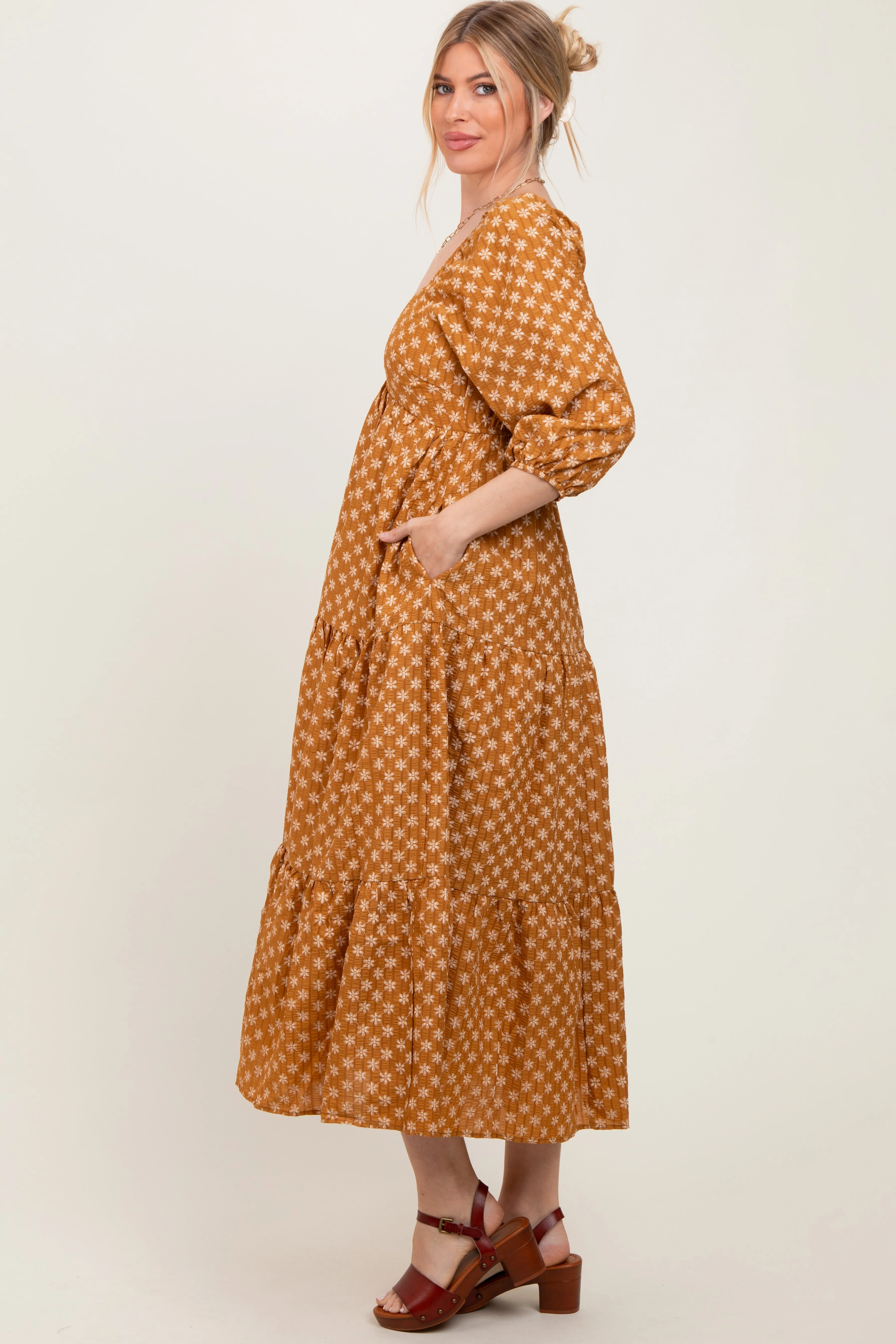 Dark Yellow Floral Long Sleeve Tiered Maxi Dress sold by Pinkblush product image thumbnail 2