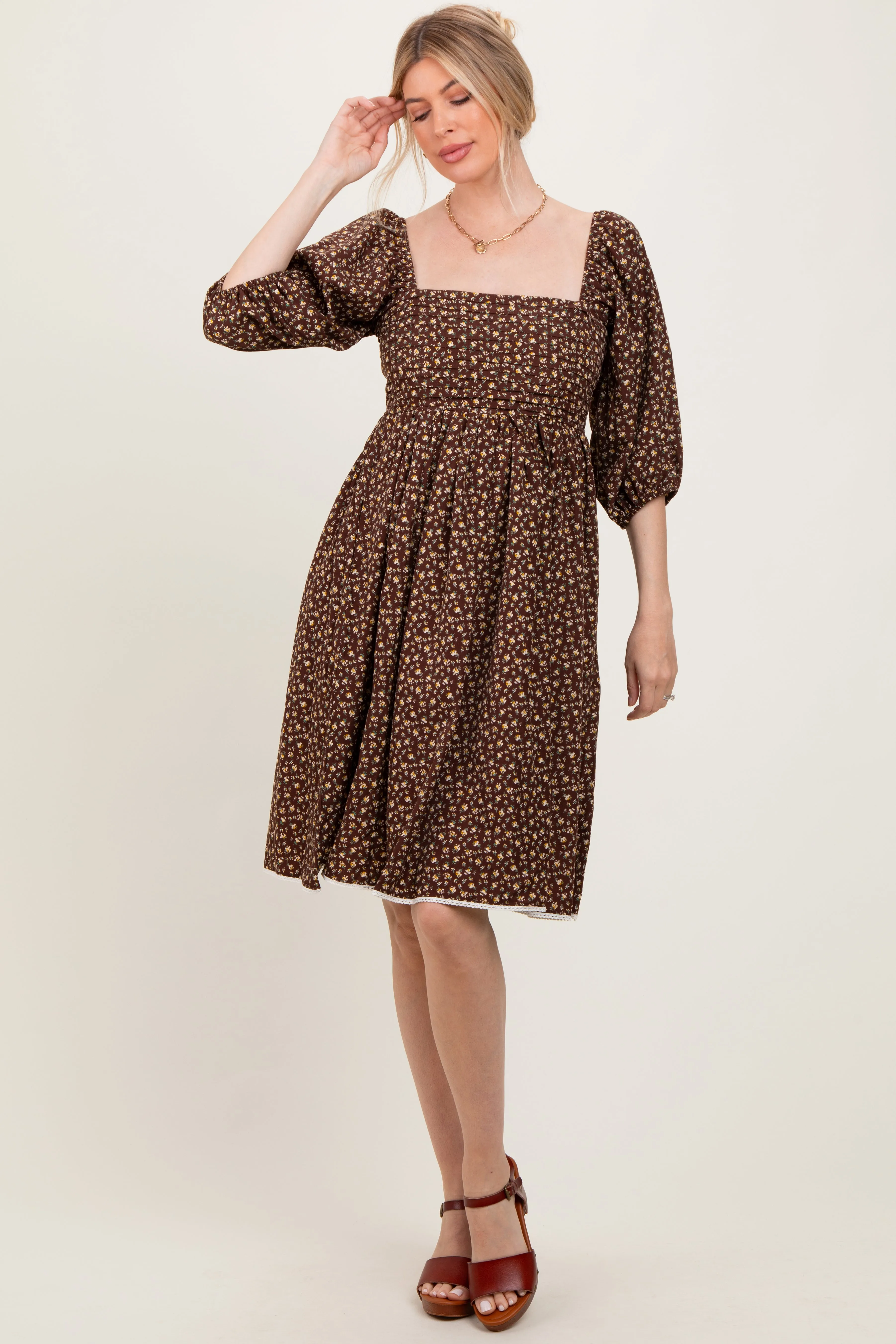 Mocha Floral Pleated Bodice Lace Trim Midi Dress sold by Pinkblush product image thumbnail 2