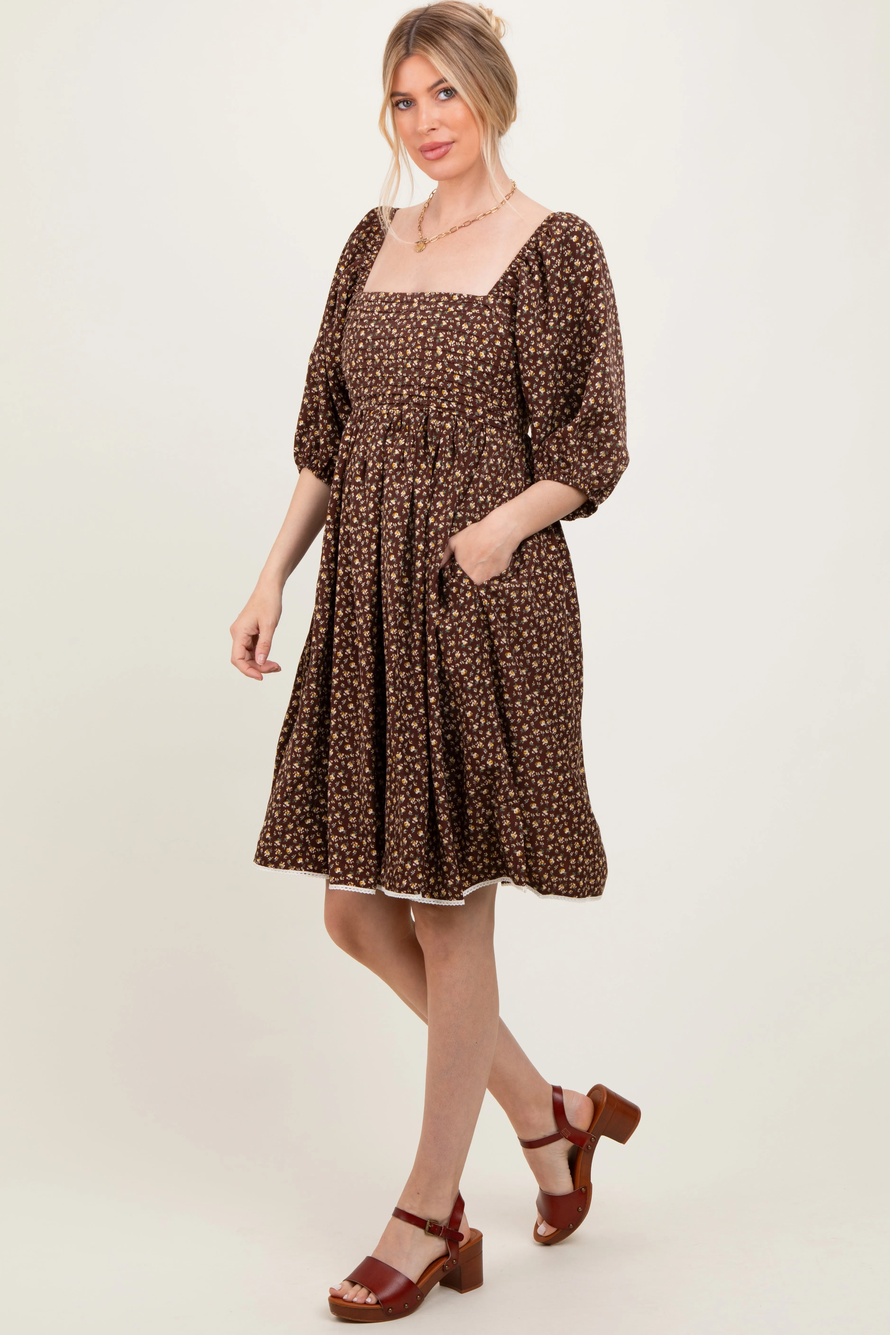 Mocha Floral Pleated Bodice Lace Trim Midi Dress sold by Pinkblush product image thumbnail 3