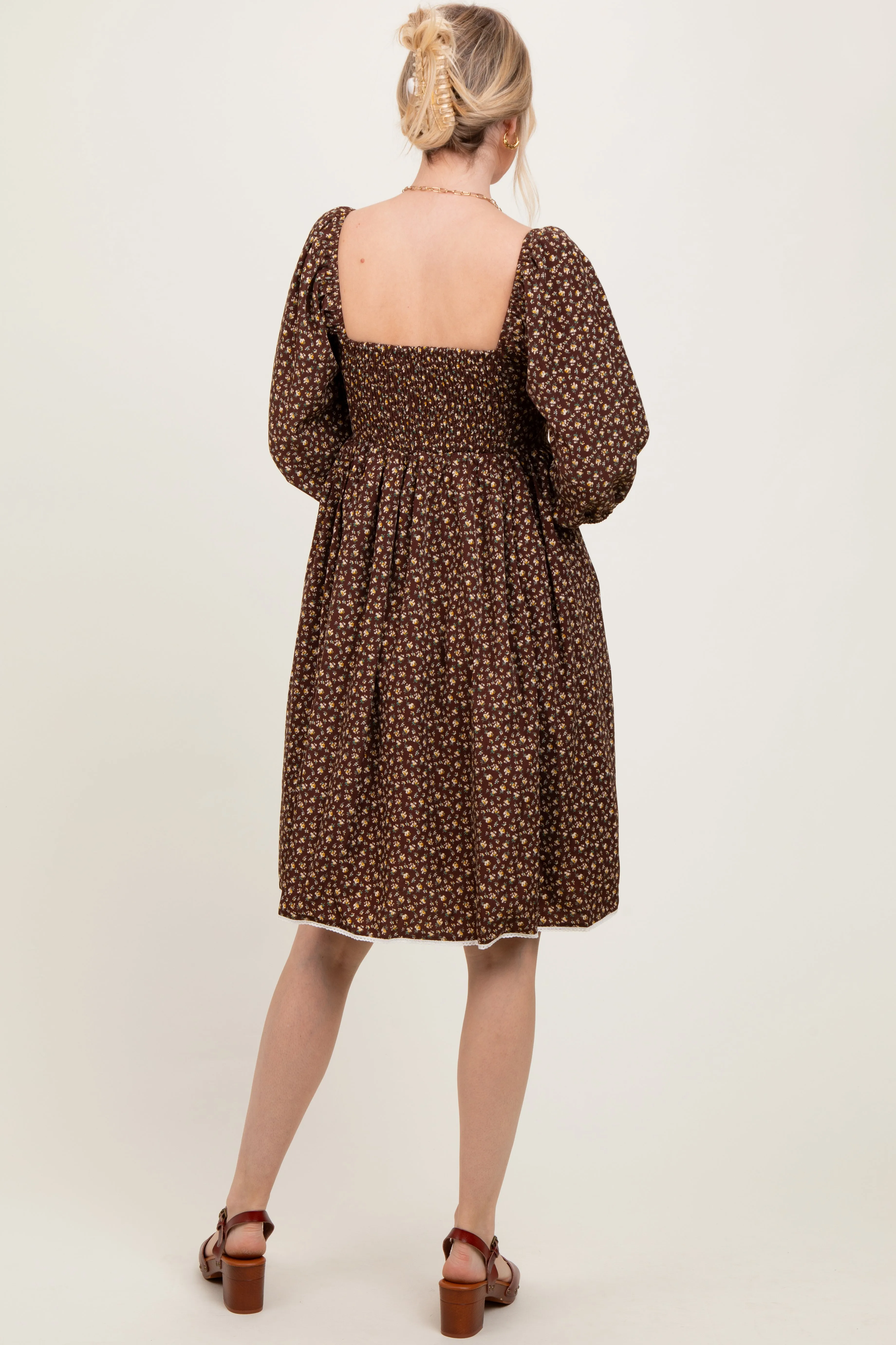 Mocha Floral Pleated Bodice Lace Trim Midi Dress sold by Pinkblush product image thumbnail 4