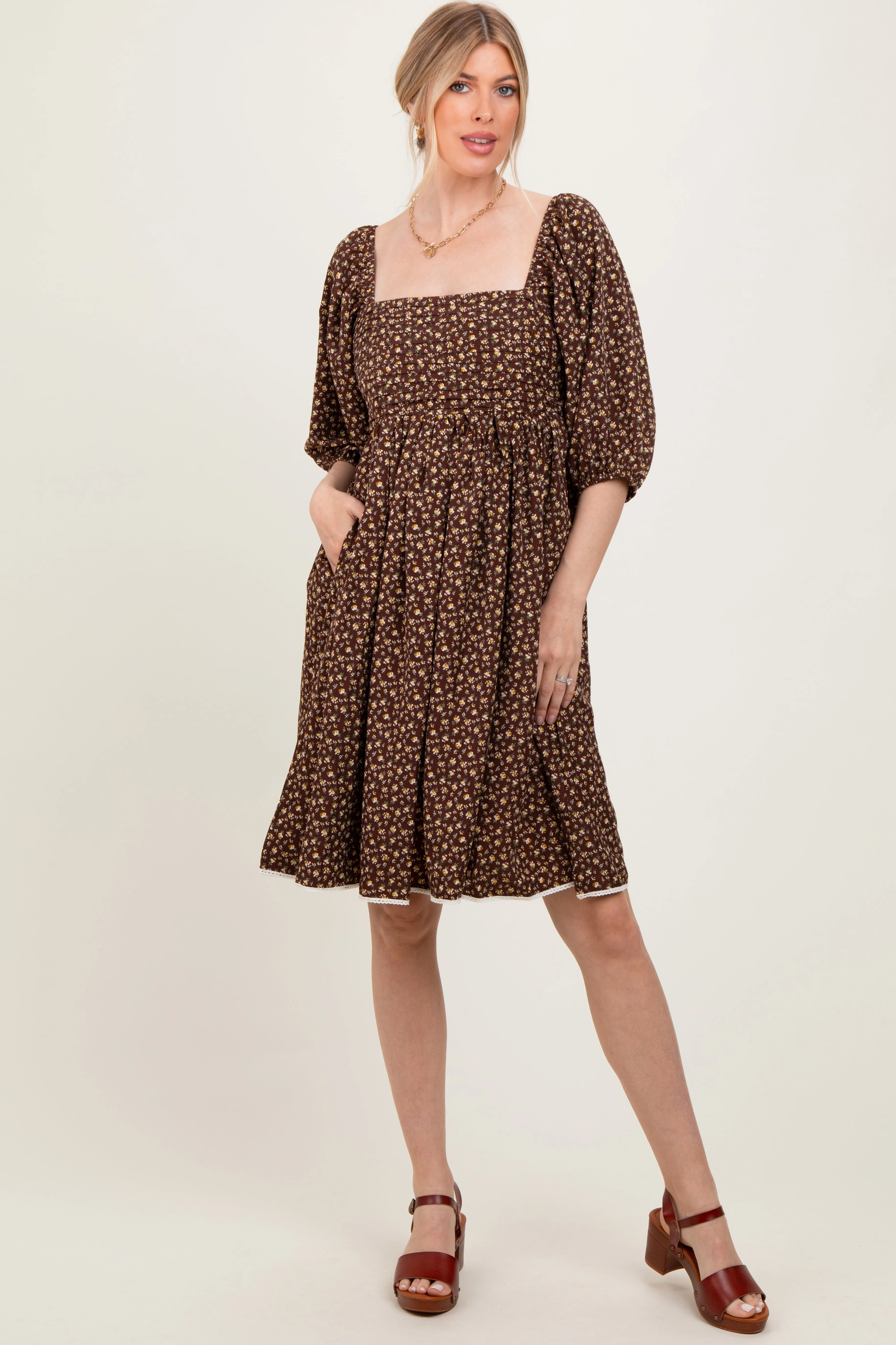 Mocha Floral Pleated Bodice Lace Trim Midi Dress sold by Pinkblush