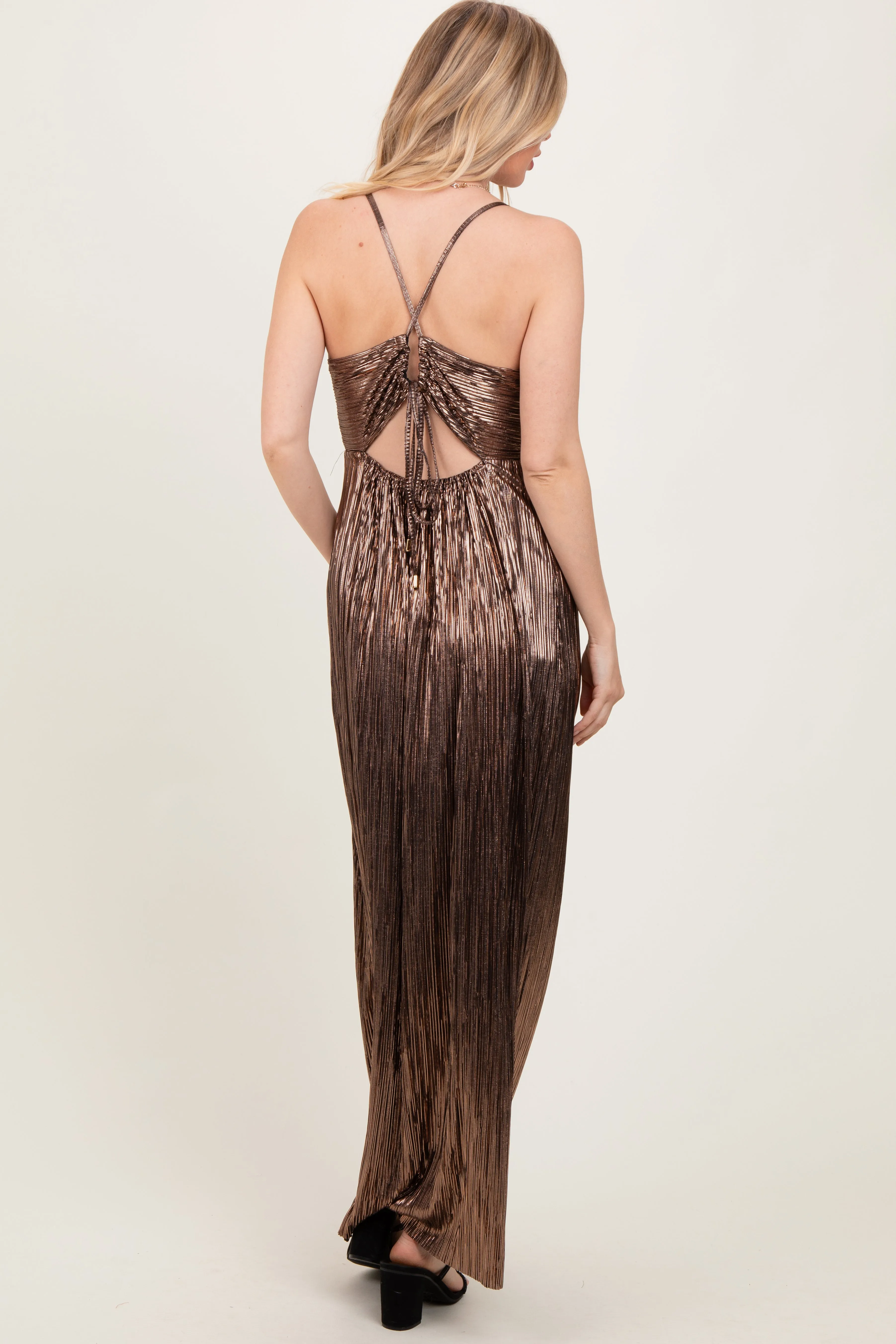 Brown Metallic Deep V-Neck Cutout Tie Back Maxi Dress sold by Pinkblush product image thumbnail 4