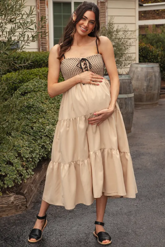 Beige Lace Up Smocked Bodice Tiered Maternity Midi Dress sold by Pinkblush
