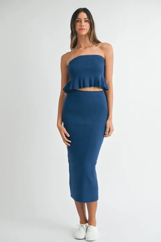 Navy Strapless Ribbed Knit Peplum Top Midi Skirt Set made by Pinkblush