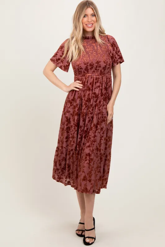 Mauve Floral Velvet Print Smocked Midi Dress sold by Pinkblush