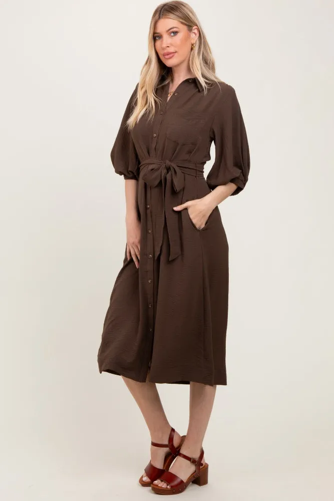 Brown Sash Tie Midi Shirt Dress sold by Pinkblush product image thumbnail 3