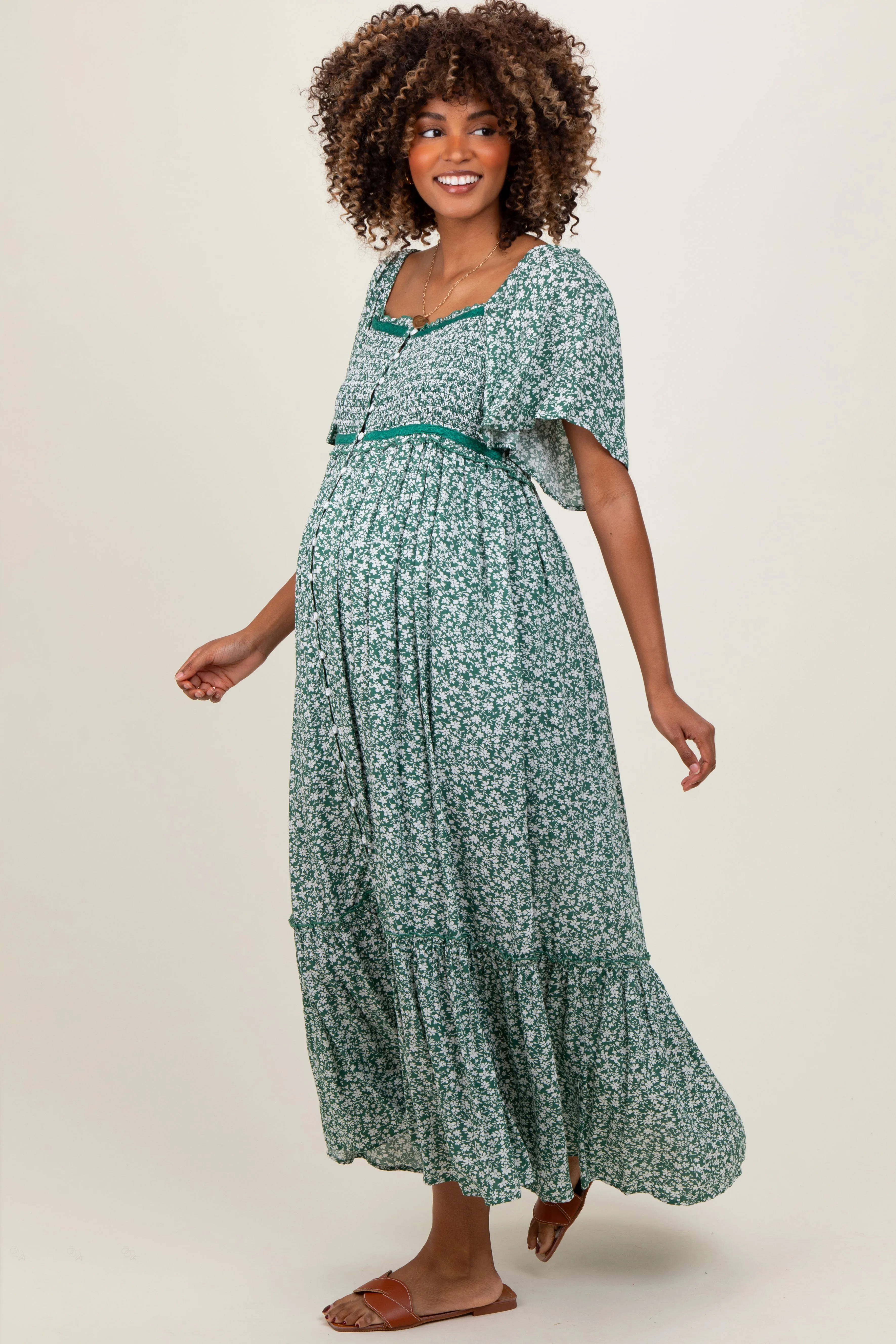 Green Smocked Button Down Flutter Sleeve Maternity Maxi Dress sold by Pinkblush product image thumbnail 2