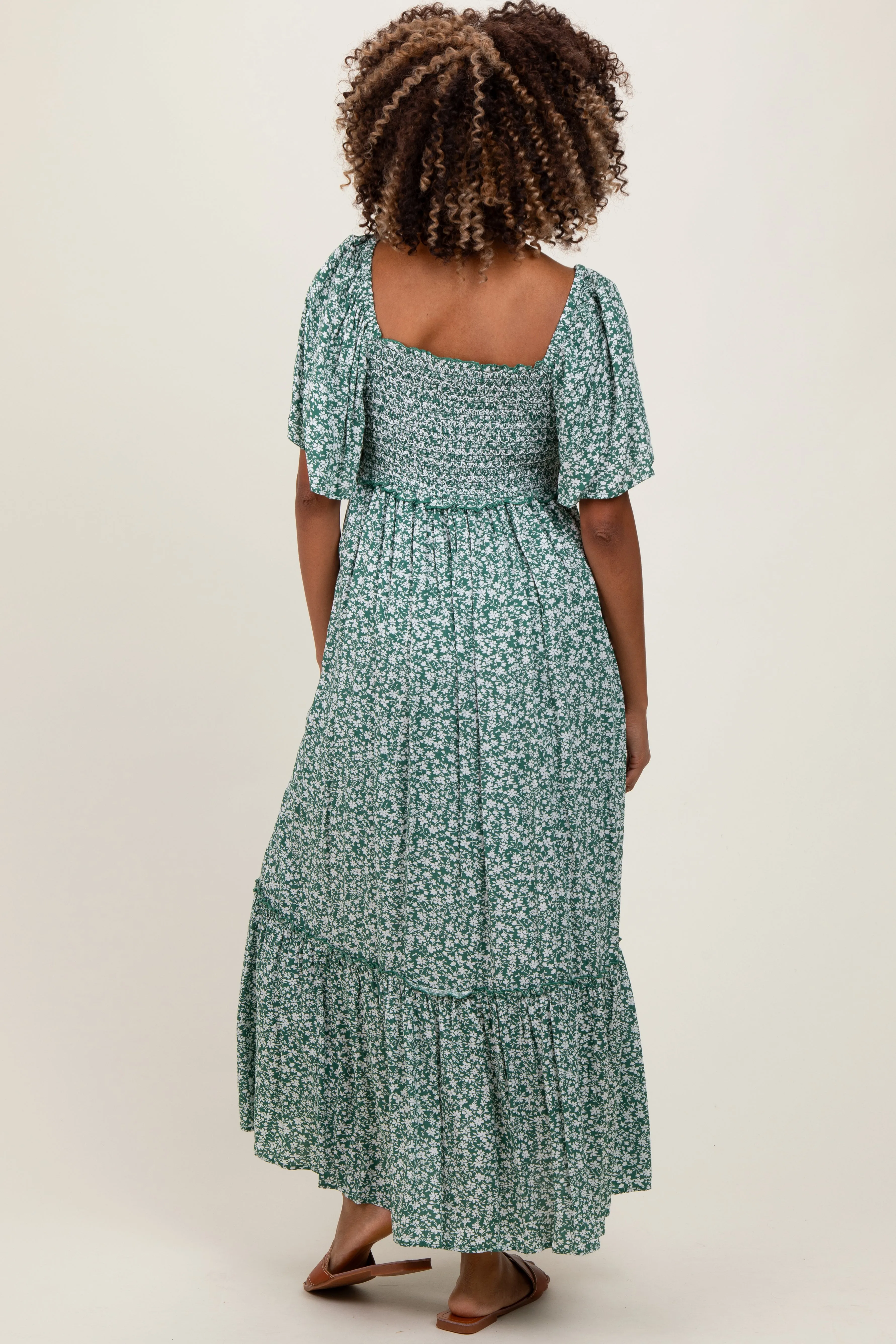 Green Smocked Button Down Flutter Sleeve Maternity Maxi Dress sold by Pinkblush product image thumbnail 3