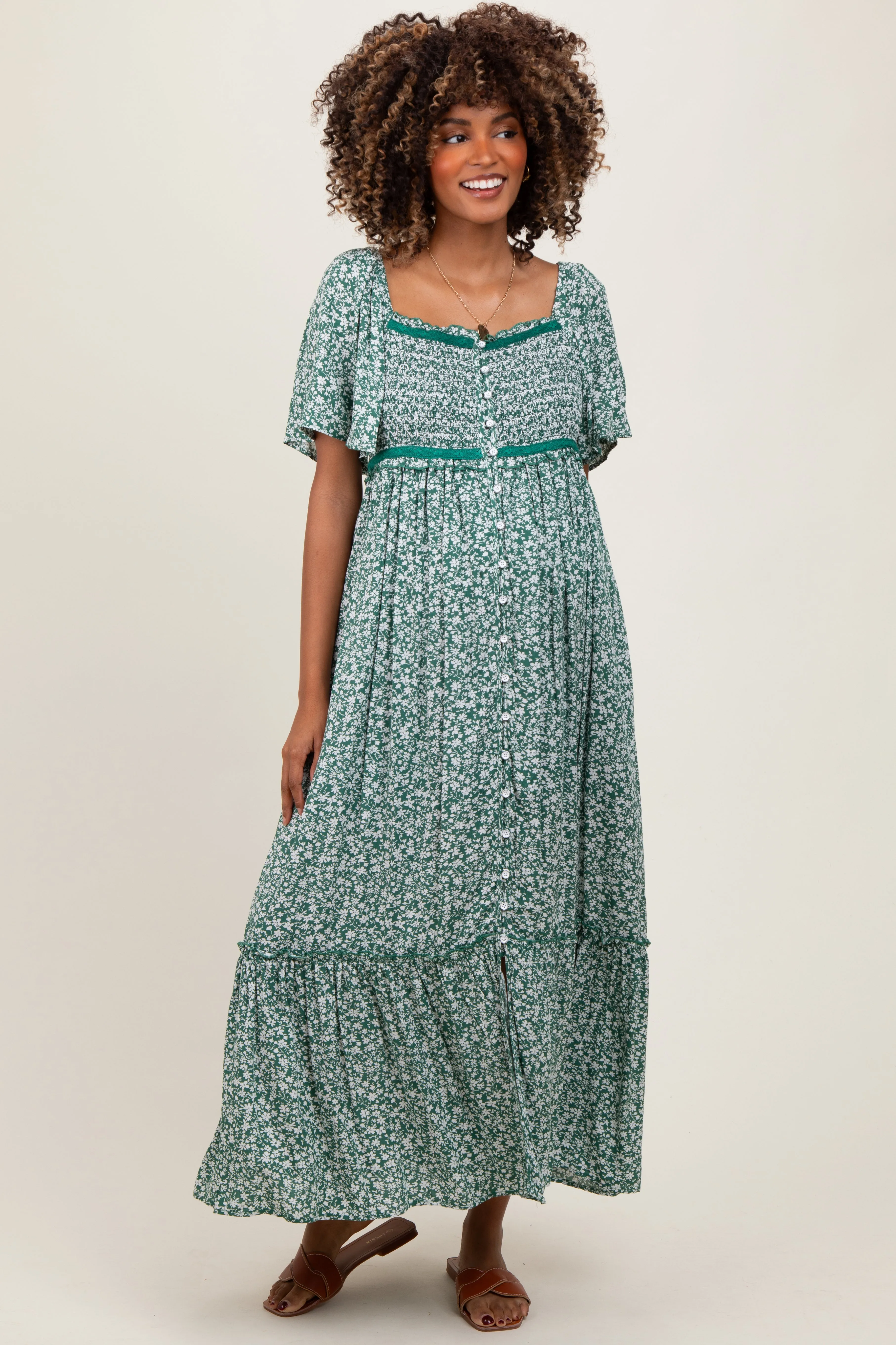 Green Smocked Button Down Flutter Sleeve Maternity Maxi Dress sold by Pinkblush