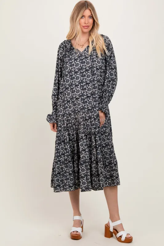Navy Blue Floral Tie Neckline Tiered Maxi Dress sold by Pinkblush