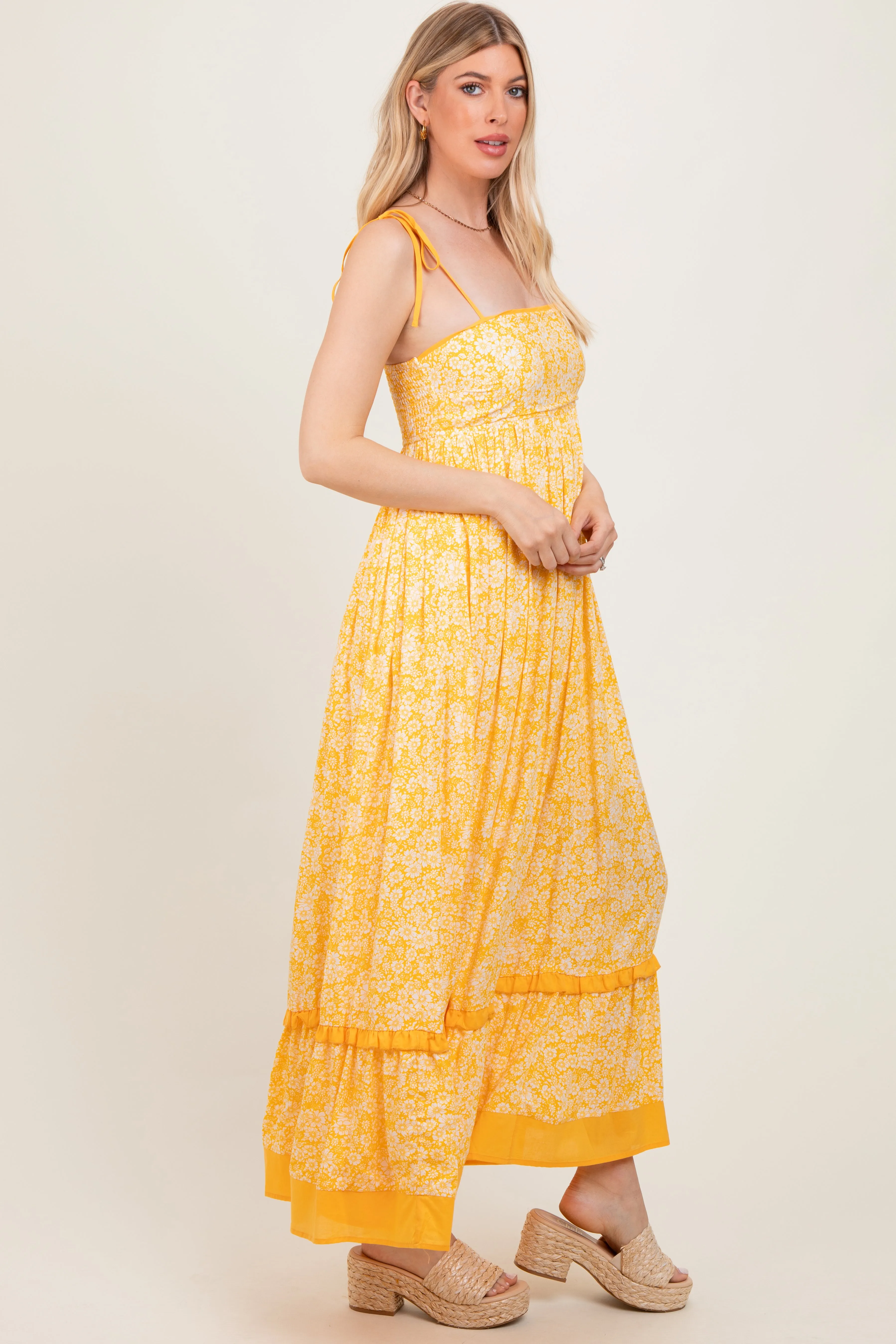 Yellow Floral Shoulder Tie Maxi Dress sold by Pinkblush product image thumbnail 2