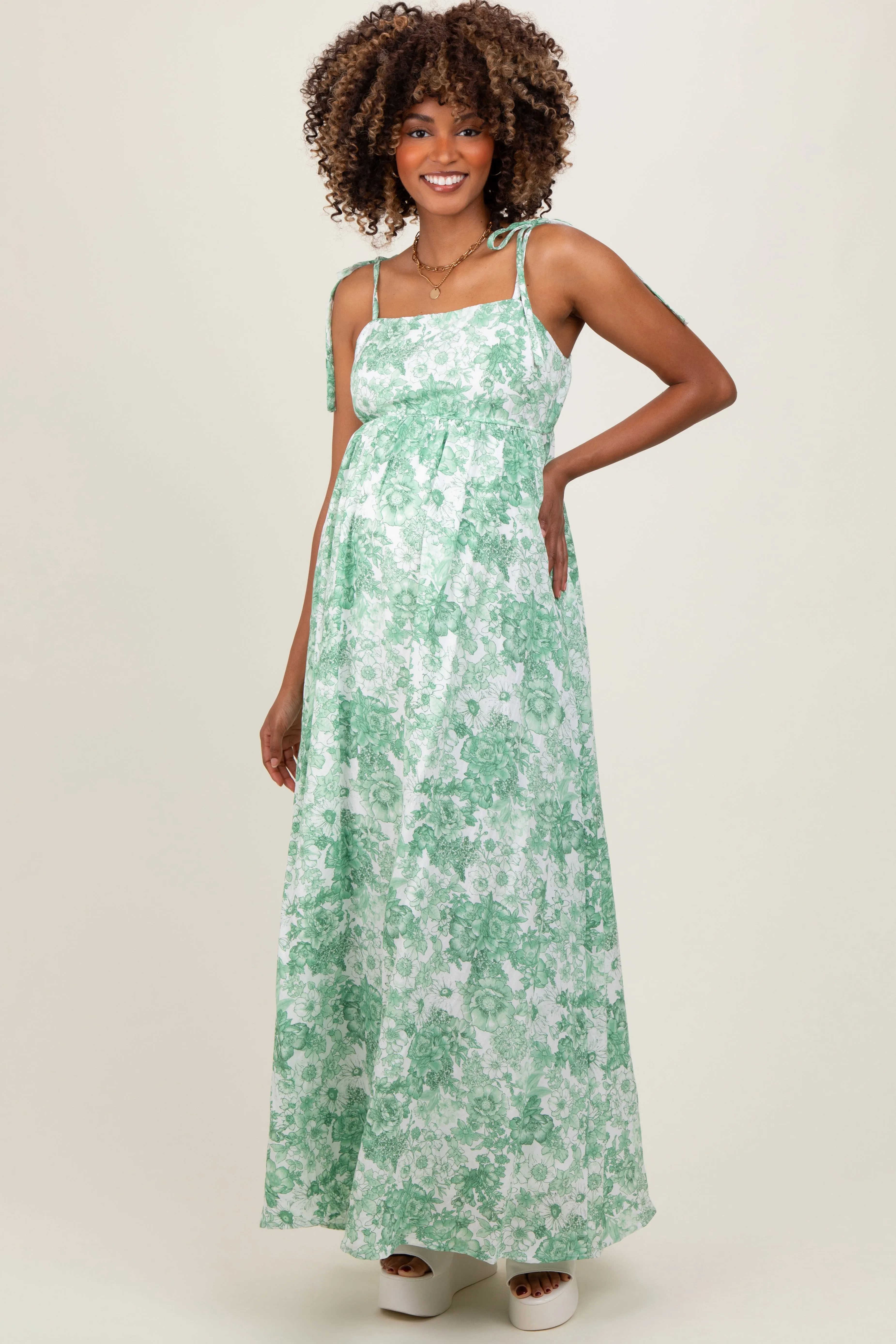 Sage Leaf Print Sleeveless Open Back Smocked Maternity Maxi Dress sold by Pinkblush product image thumbnail 2