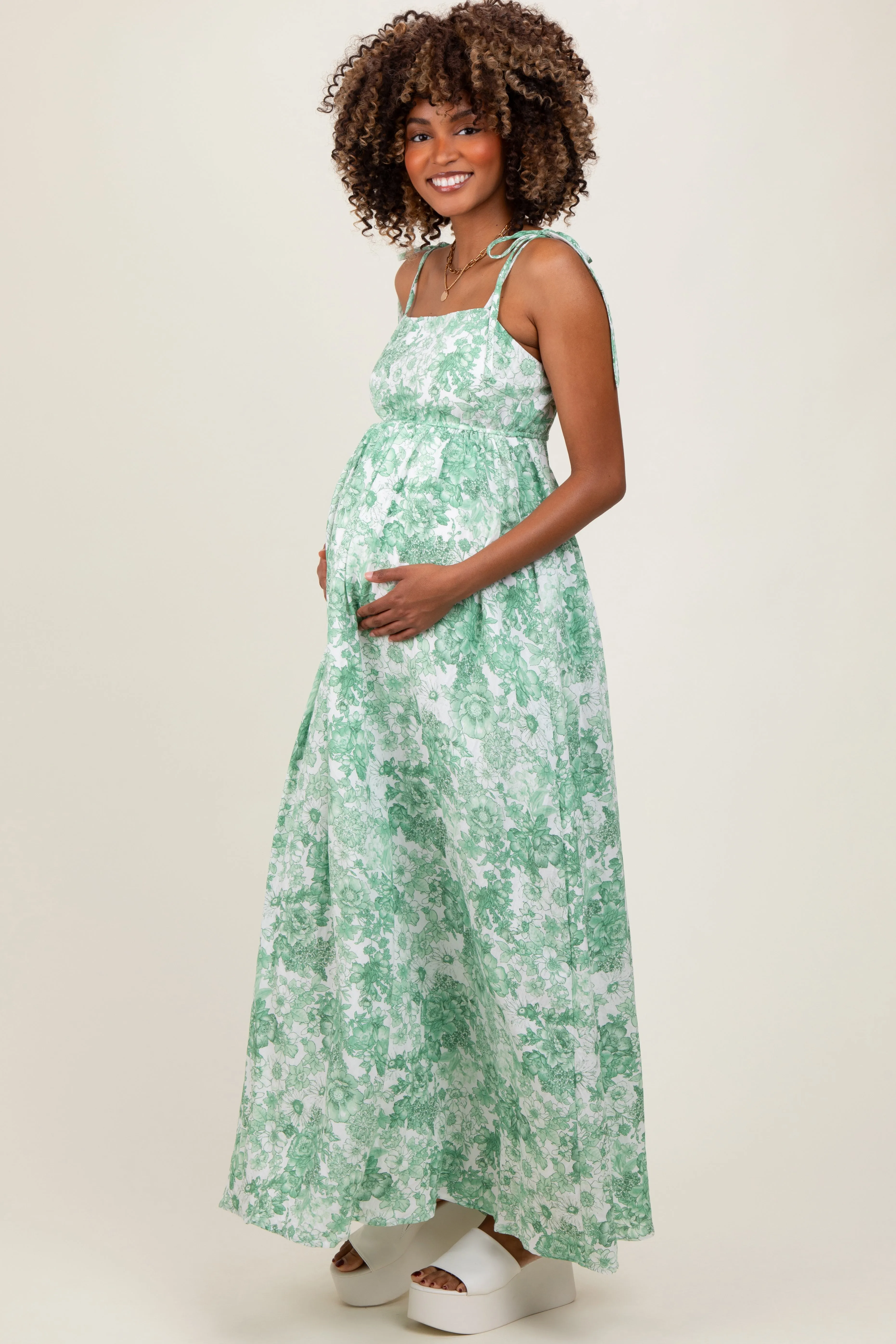 Sage Leaf Print Sleeveless Open Back Smocked Maternity Maxi Dress sold by Pinkblush product image thumbnail 3