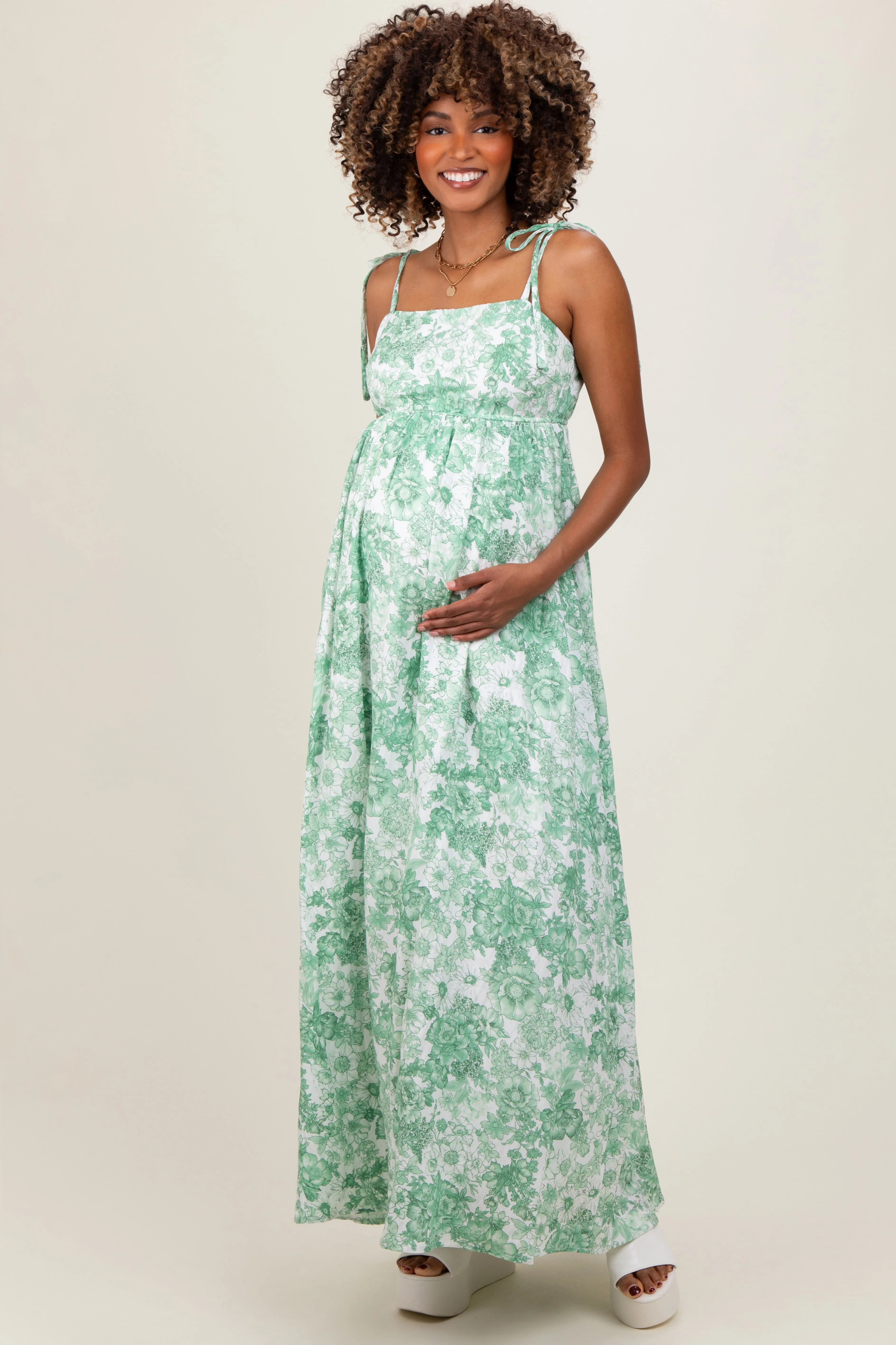 Sage Leaf Print Sleeveless Open Back Smocked Maternity Maxi Dress sold by Pinkblush