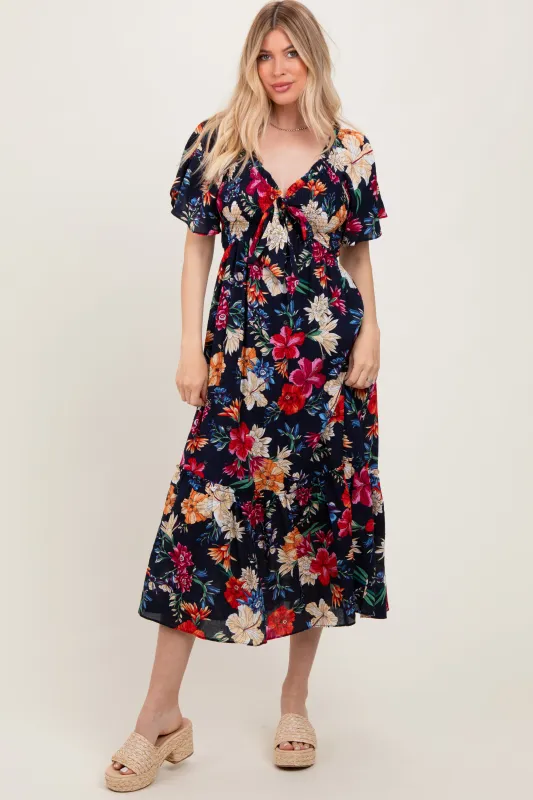 Navy Floral Print Woven Midi Dress sold by Pinkblush