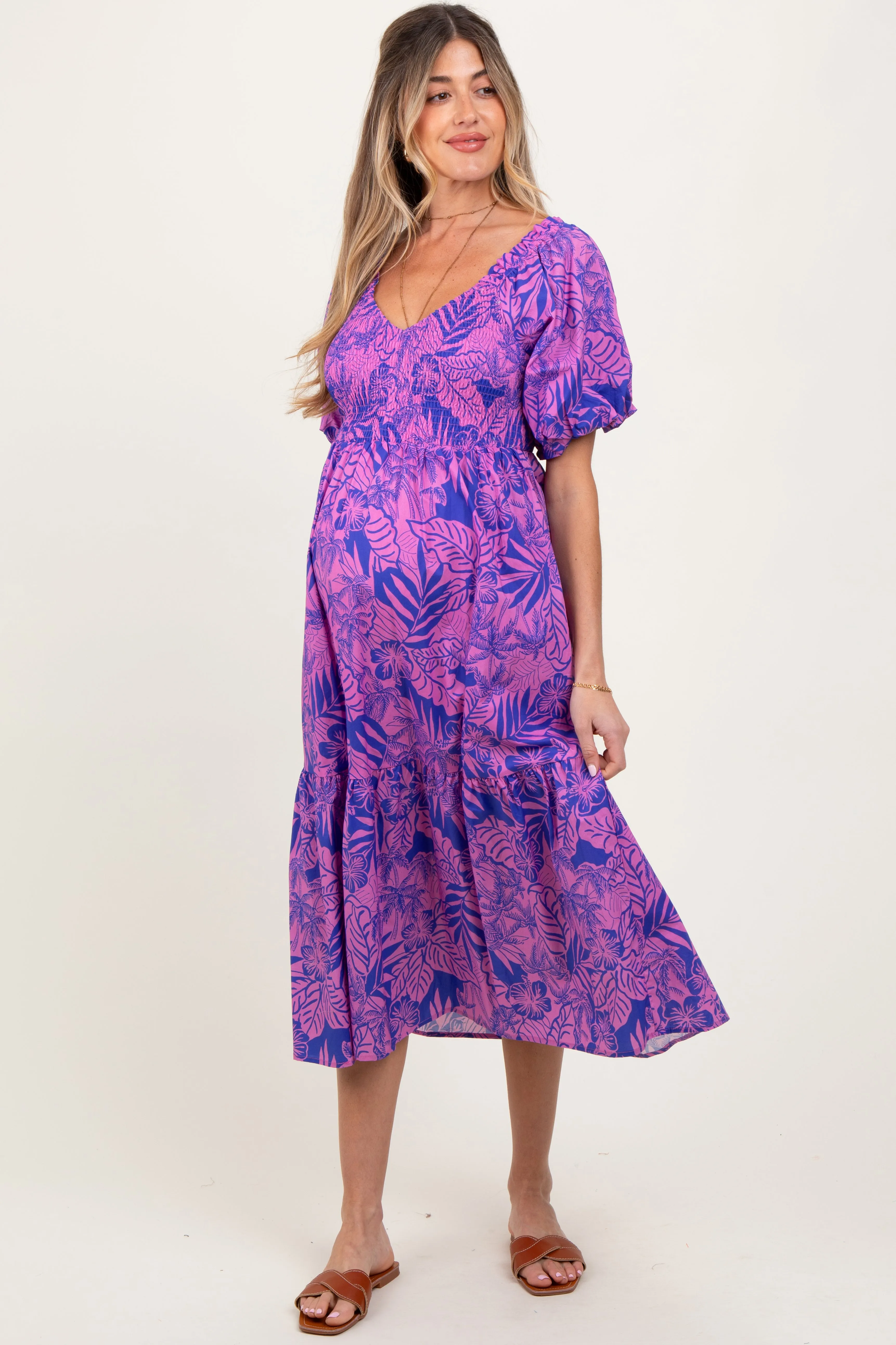 Magenta Tropical Floral Smocked Tie Back Maternity Maxi Dress sold by Pinkblush