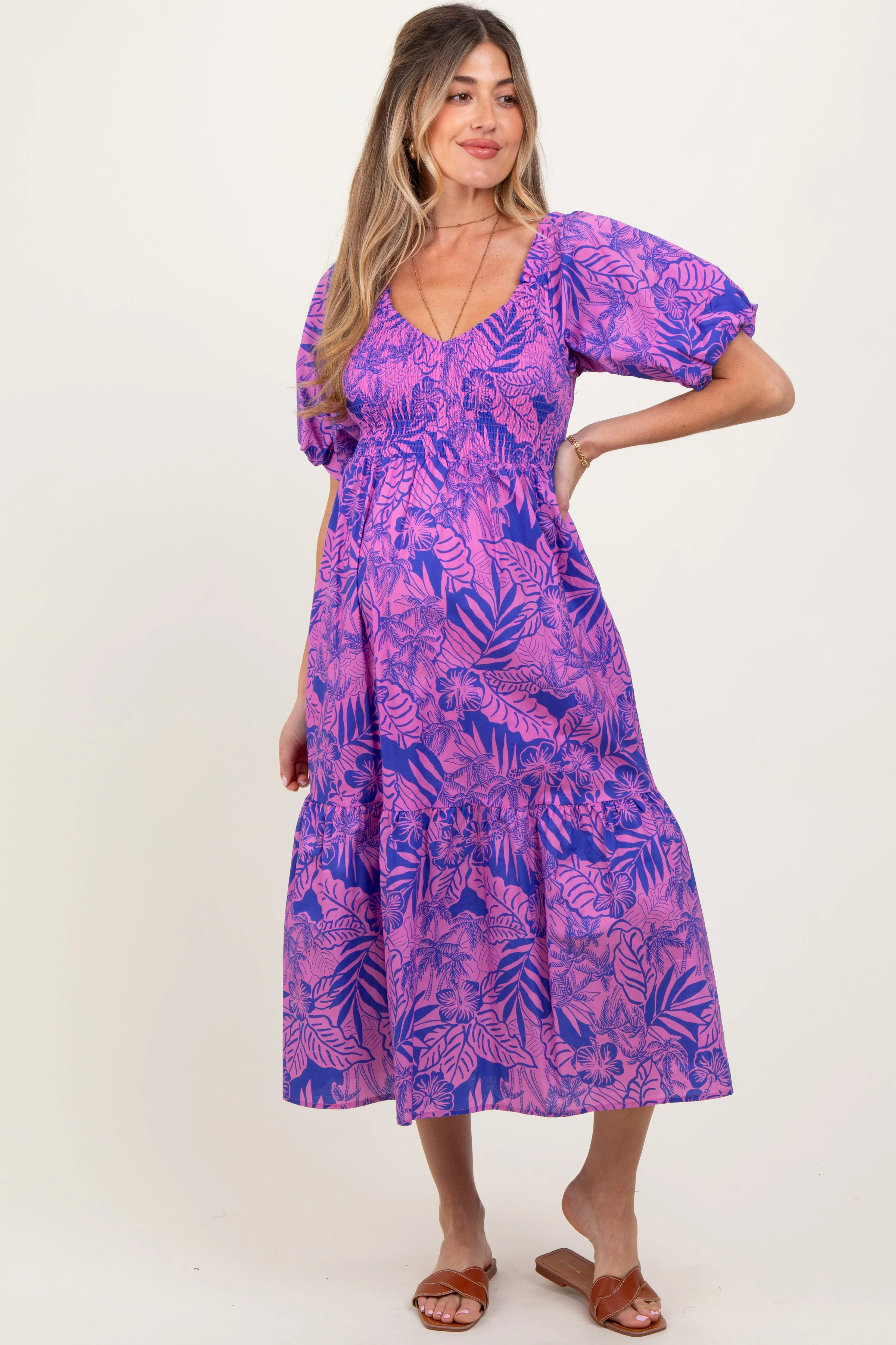 Magenta Tropical Floral Smocked Tie Back Maternity Maxi Dress sold by Pinkblush product image thumbnail 2