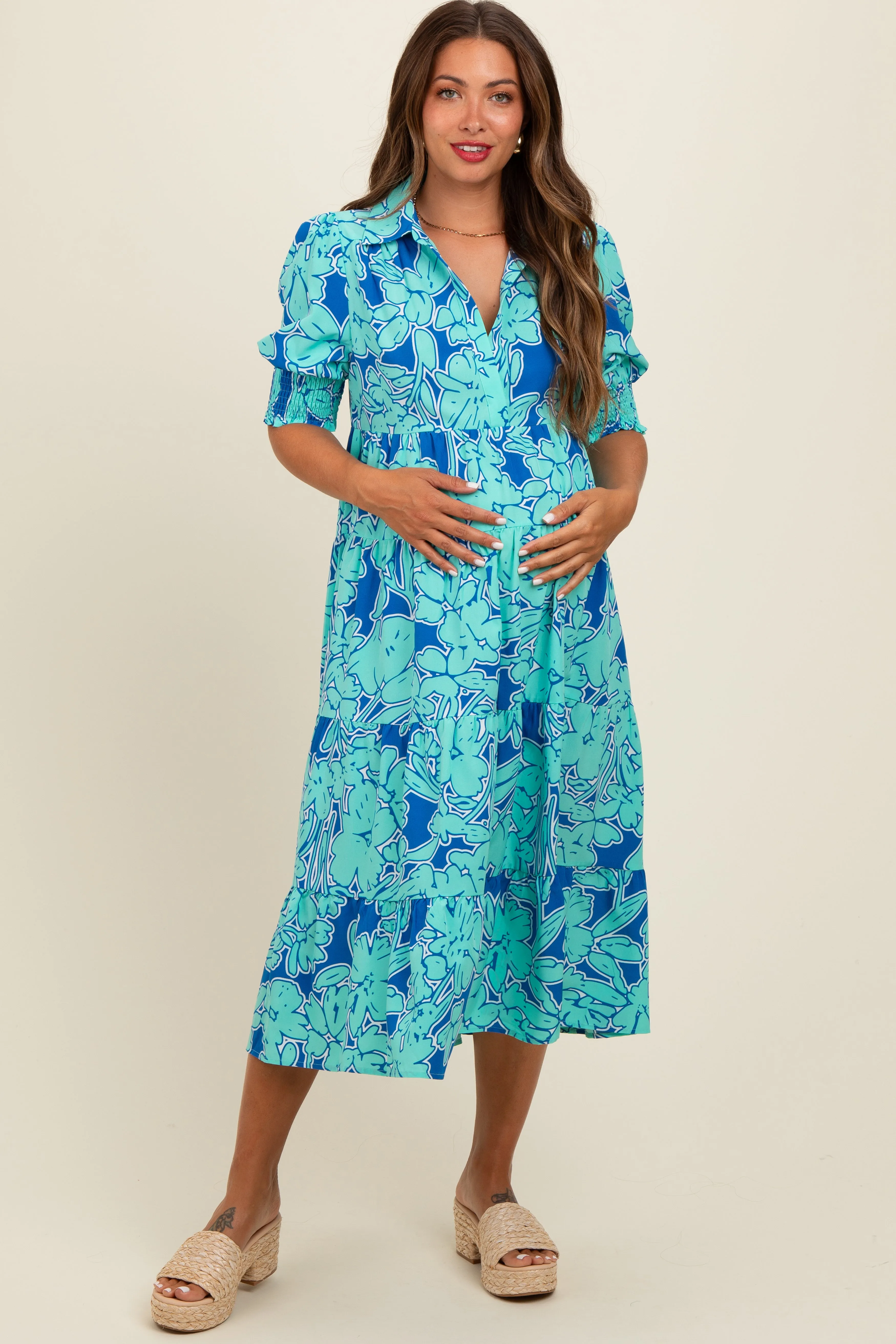 Mint Green Abstract Floral Tiered Maternity Midi Dress sold by Pinkblush
