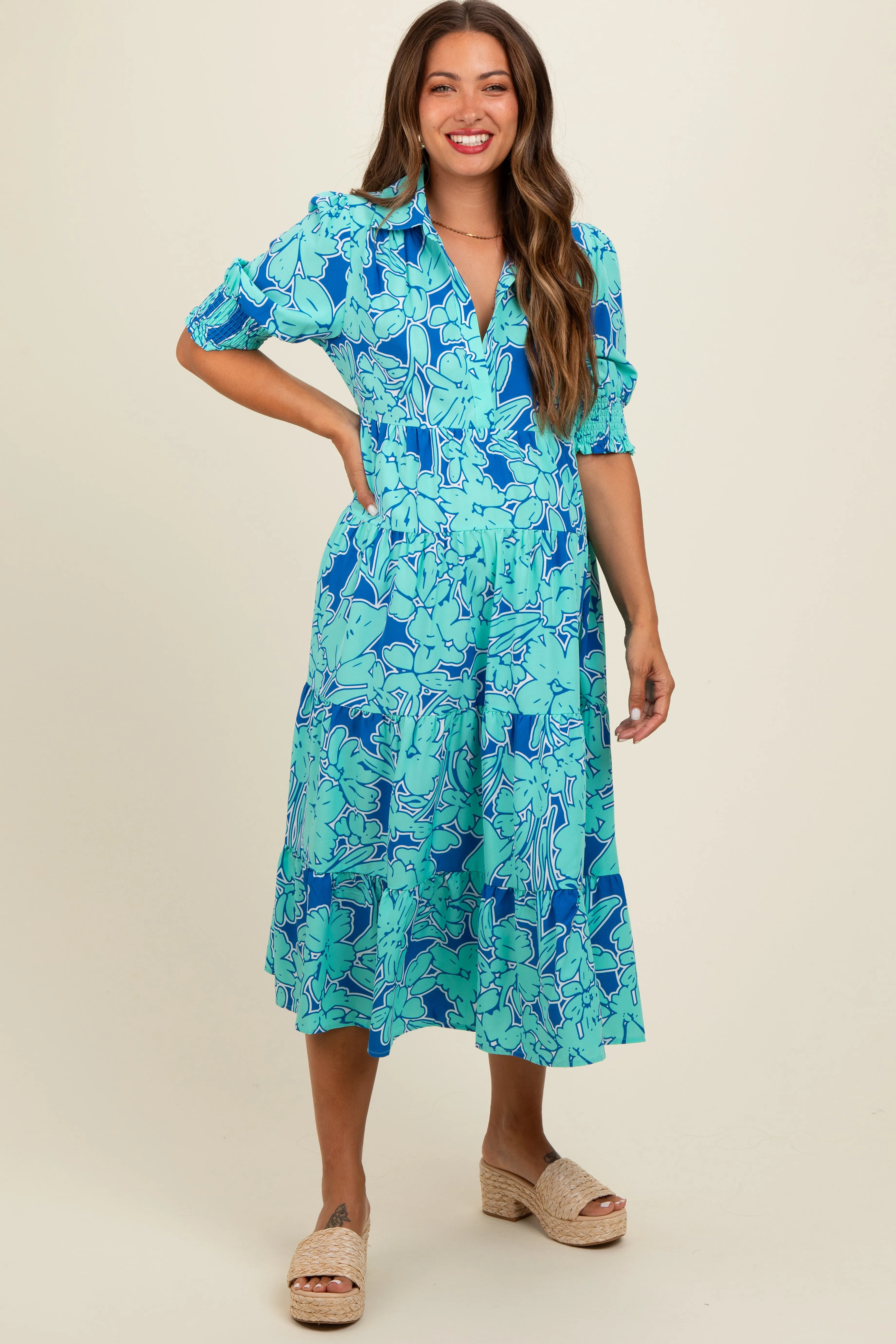 Mint Green Abstract Floral Tiered Maternity Midi Dress sold by Pinkblush product image thumbnail 2