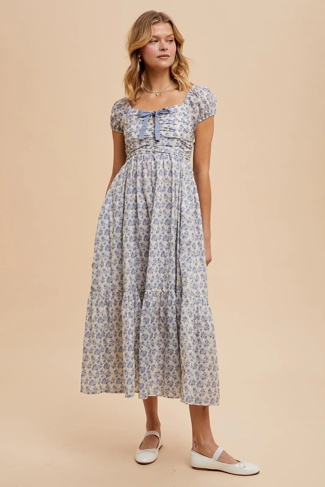 Light Blue Floral Ruched Bow Tie Floral Maxi Dress sold by Pinkblush product image thumbnail 3