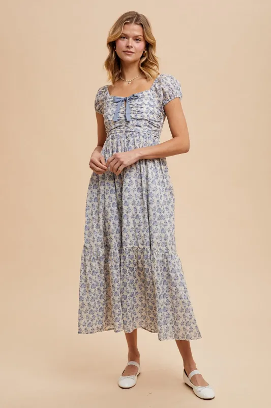 Light Blue Floral Ruched Bow Tie Floral Maxi Dress sold by Pinkblush