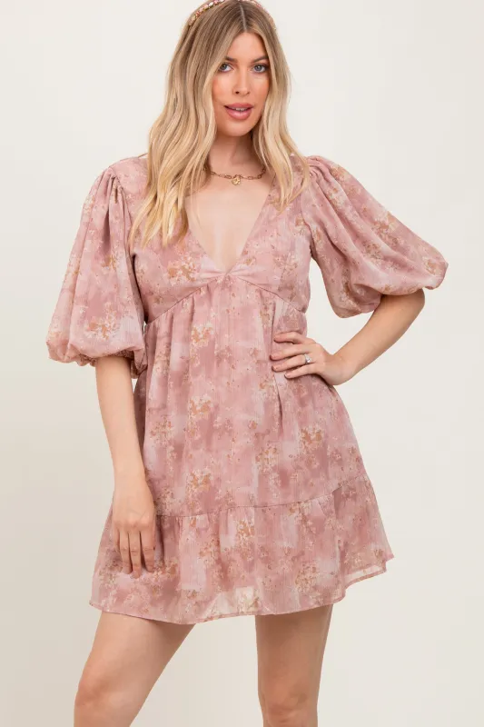Pink Watercolor Floral Back Tie Puff Sleeve Dress sold by Pinkblush