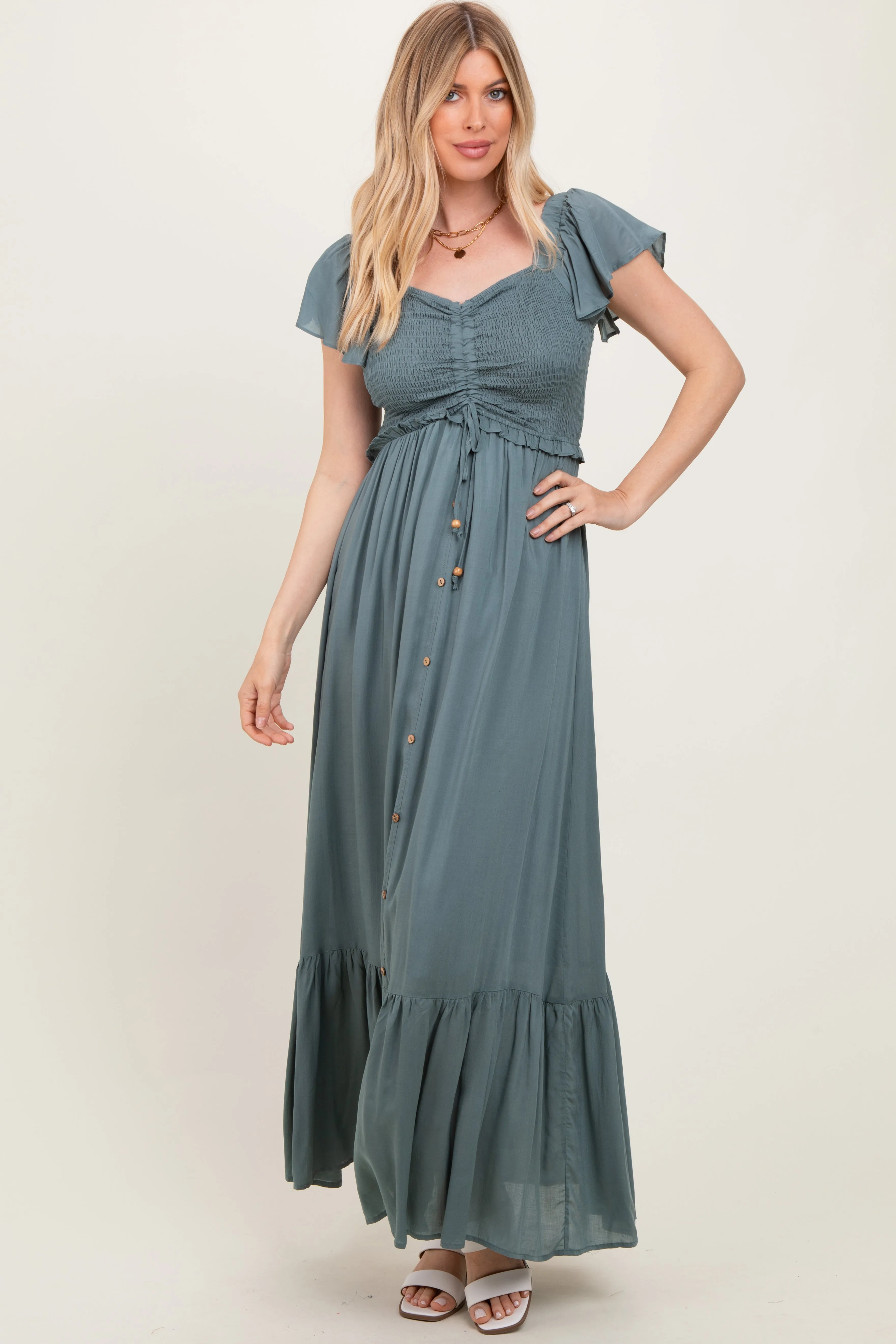 Sage Smocked Top Woven Maxi Dress sold by Pinkblush