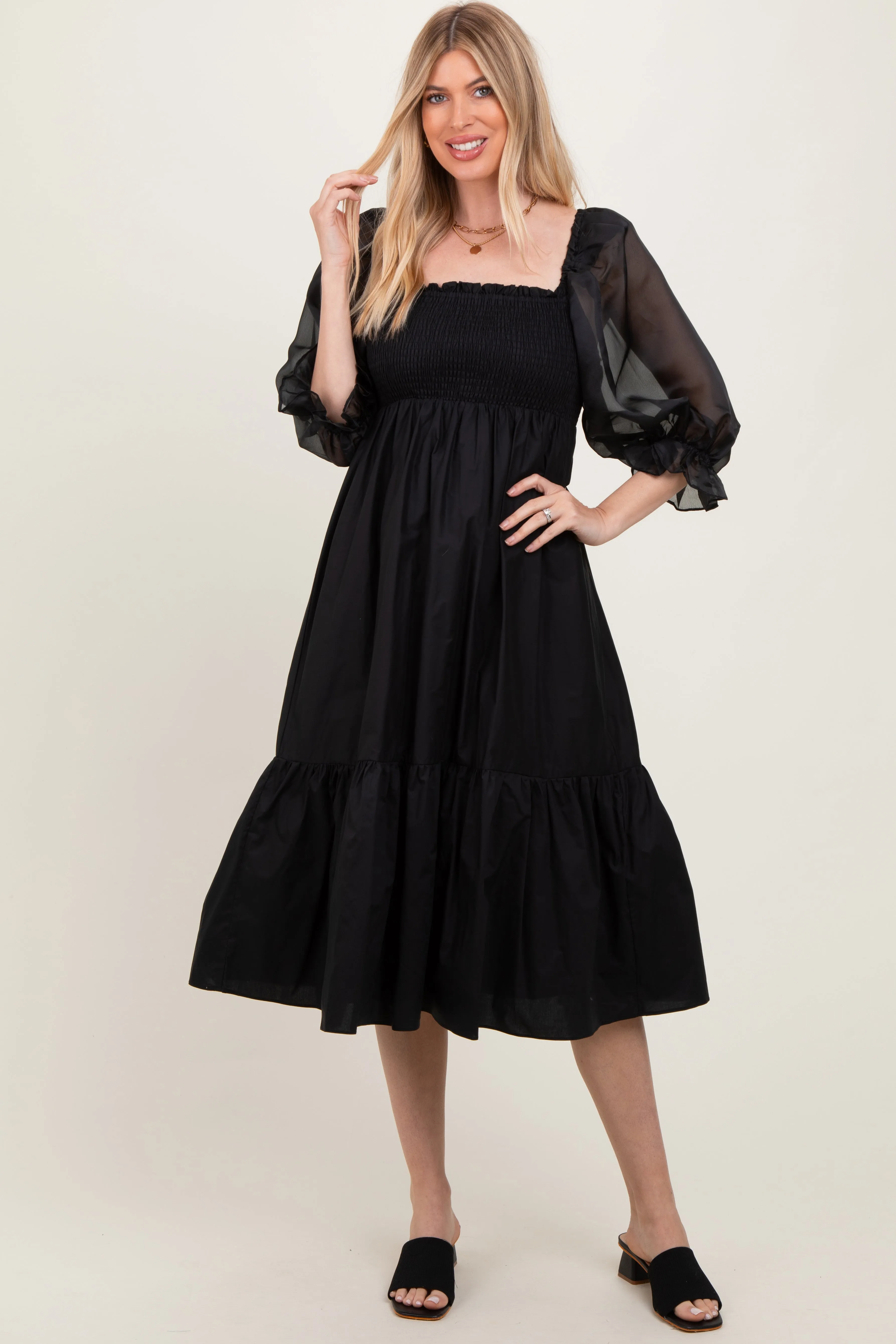 Black Chiffon Smocked Puff Sleeve Midi Dress sold by Pinkblush product image thumbnail 2