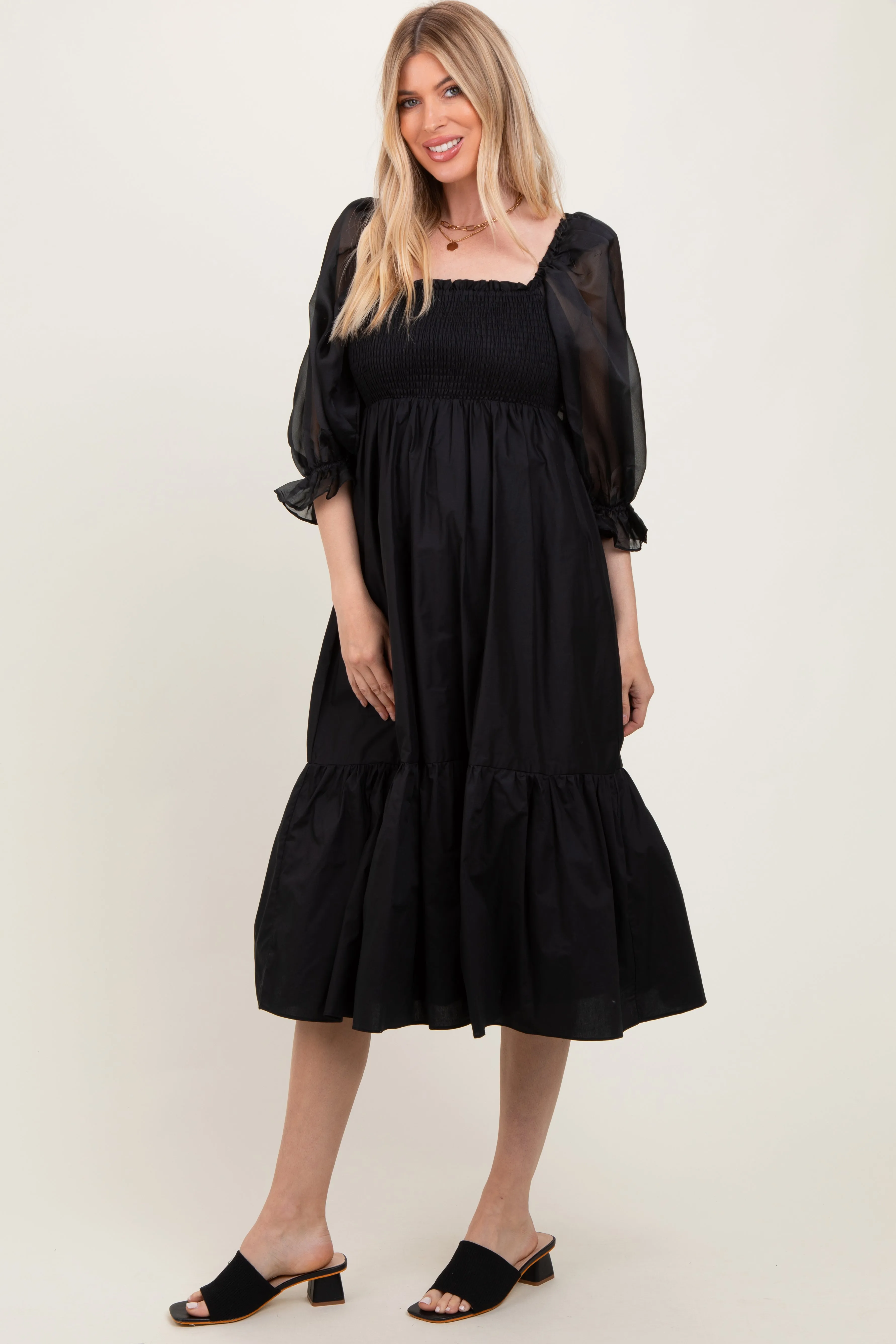 Black Chiffon Smocked Puff Sleeve Midi Dress sold by Pinkblush product image thumbnail 3