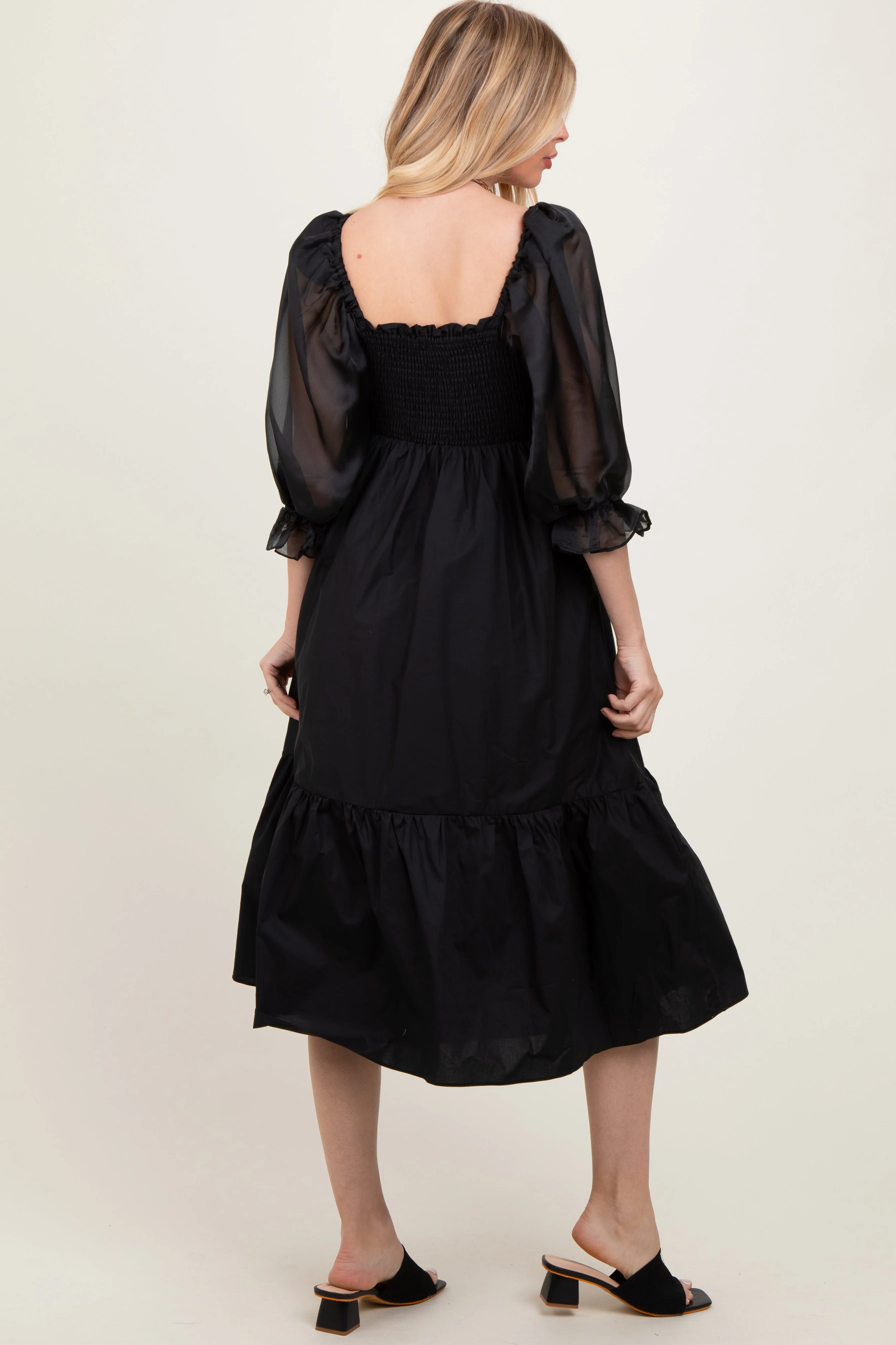 Black Chiffon Smocked Puff Sleeve Midi Dress sold by Pinkblush product image thumbnail 4