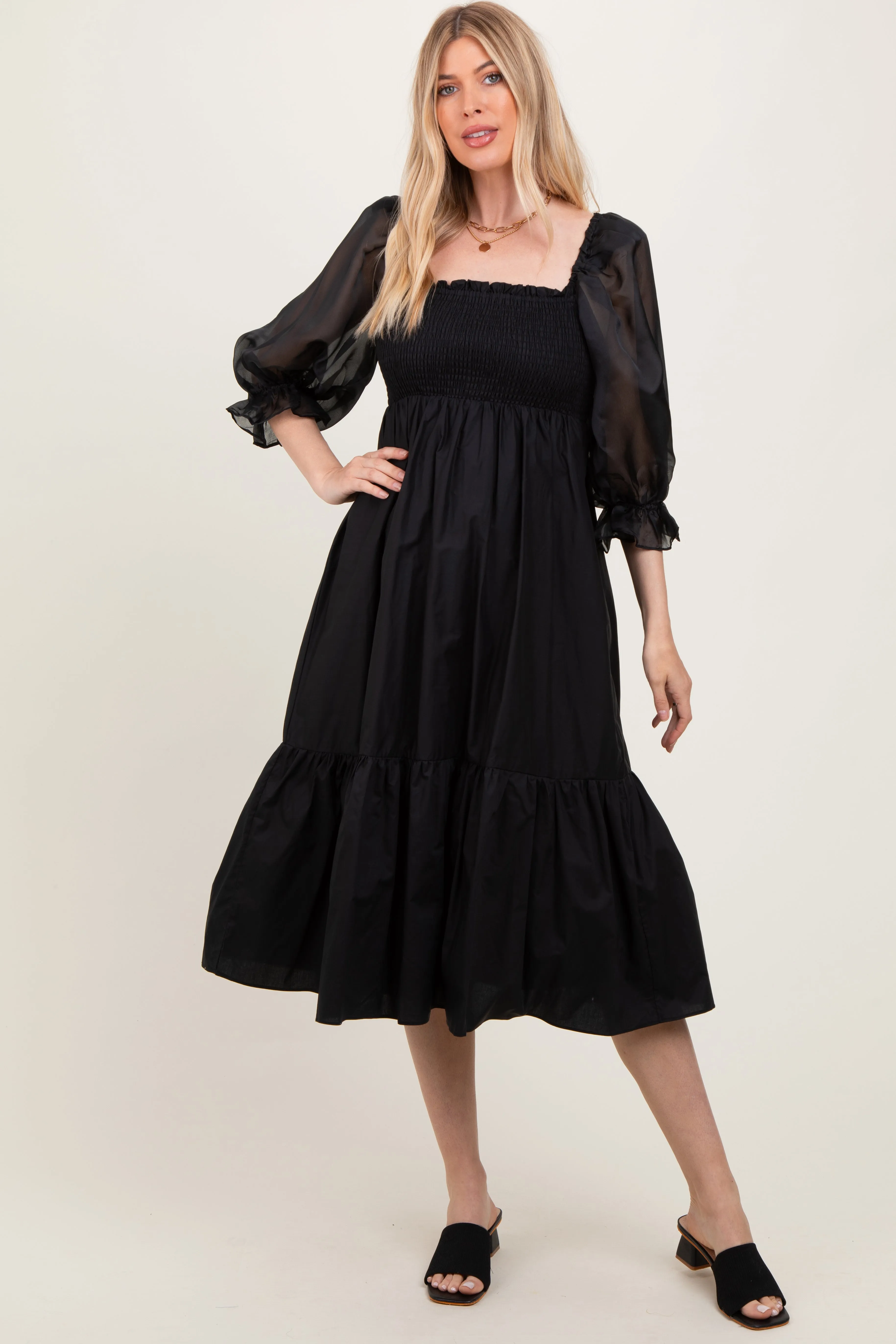 Black Chiffon Smocked Puff Sleeve Midi Dress sold by Pinkblush