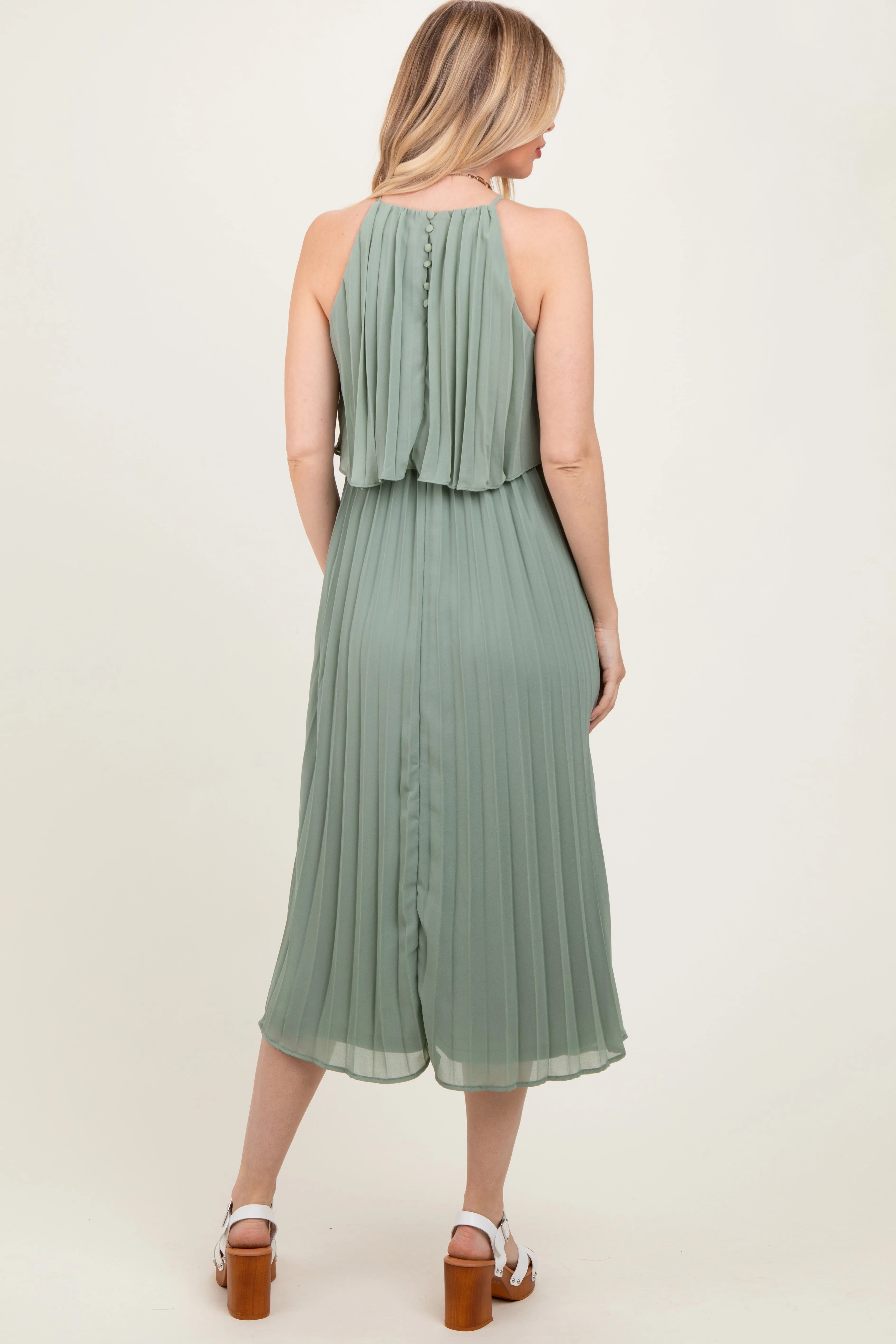 Light Olive Pleated Woven Midi Dress sold by Pinkblush product image thumbnail 4