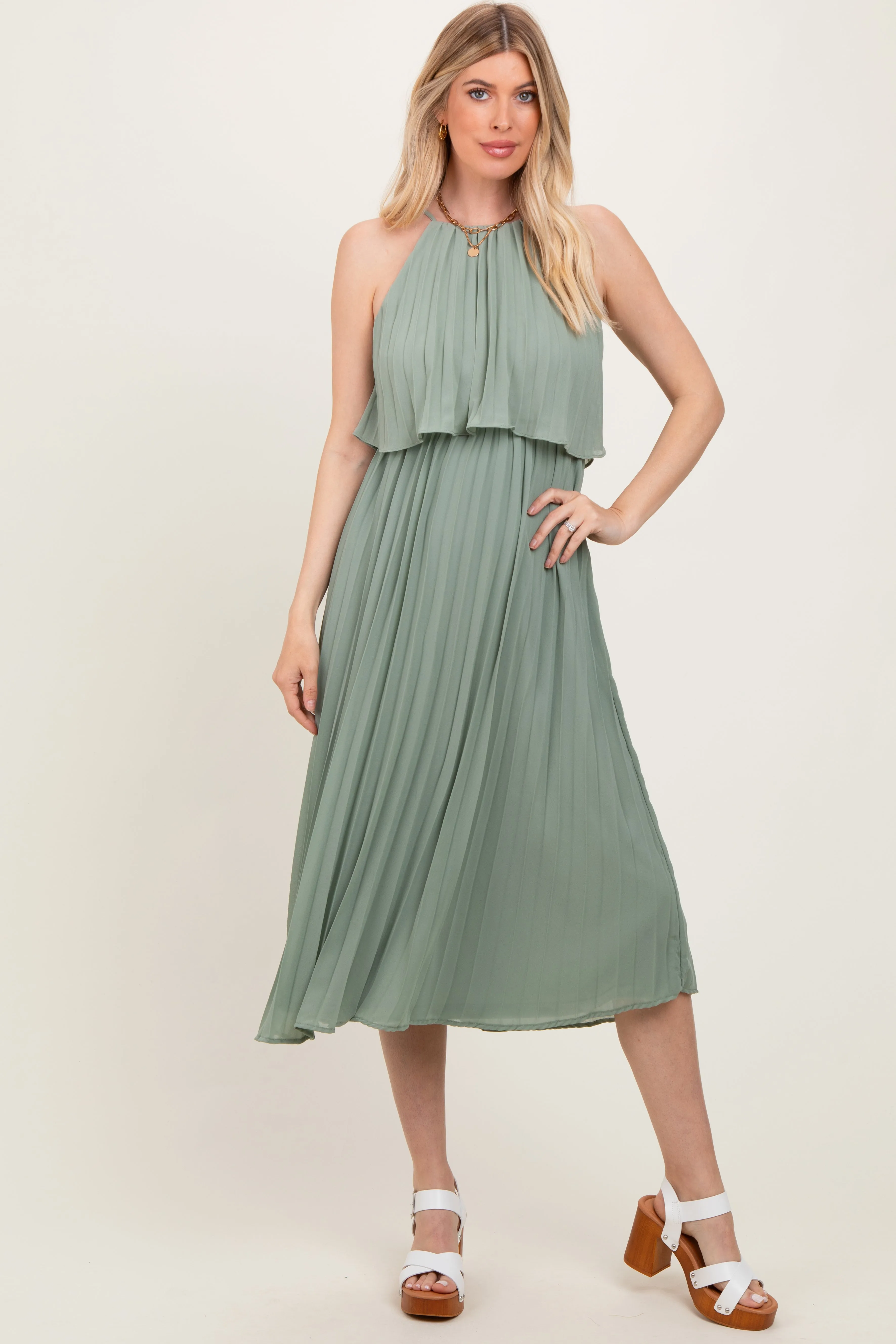 Light Olive Pleated Woven Midi Dress sold by Pinkblush product image thumbnail 2
