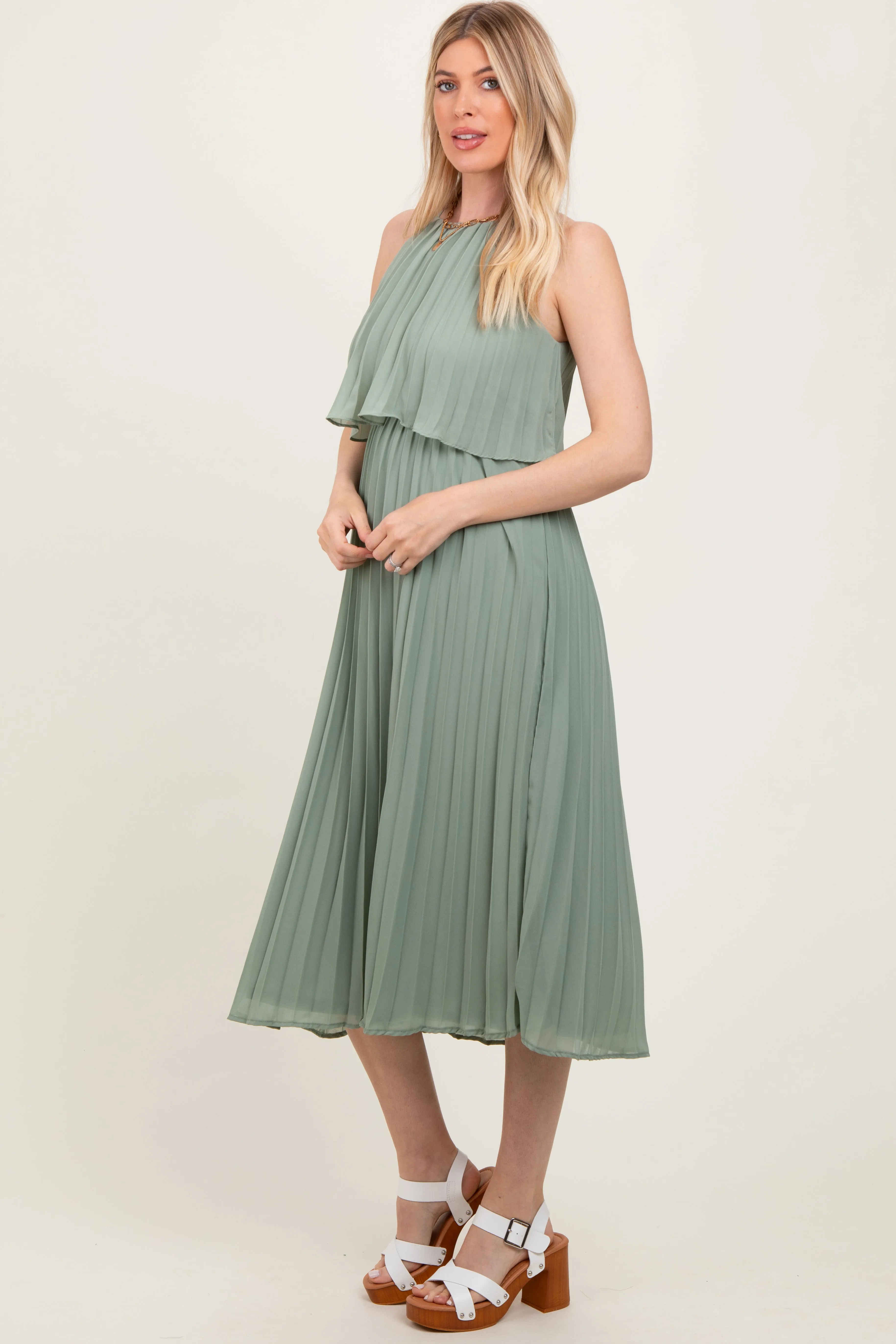 Light Olive Pleated Woven Midi Dress sold by Pinkblush product image thumbnail 3