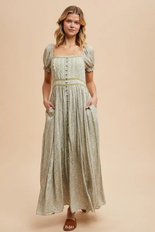 Light Olive Floral Lace Trim Maxi Dress sold by Pinkblush