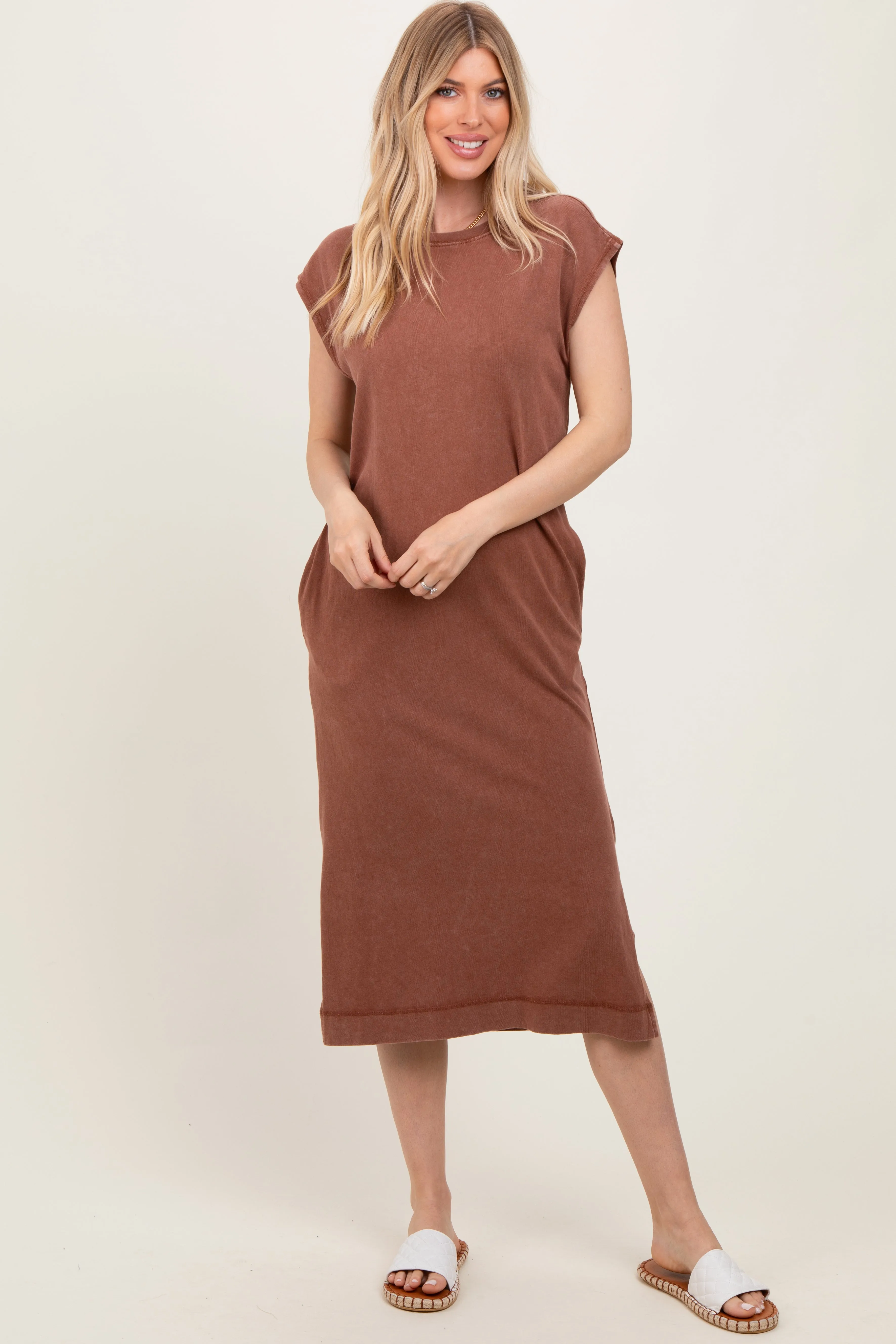 Camel Casual Sleeveless Pocketed Midi Dress sold by Pinkblush product image thumbnail 2
