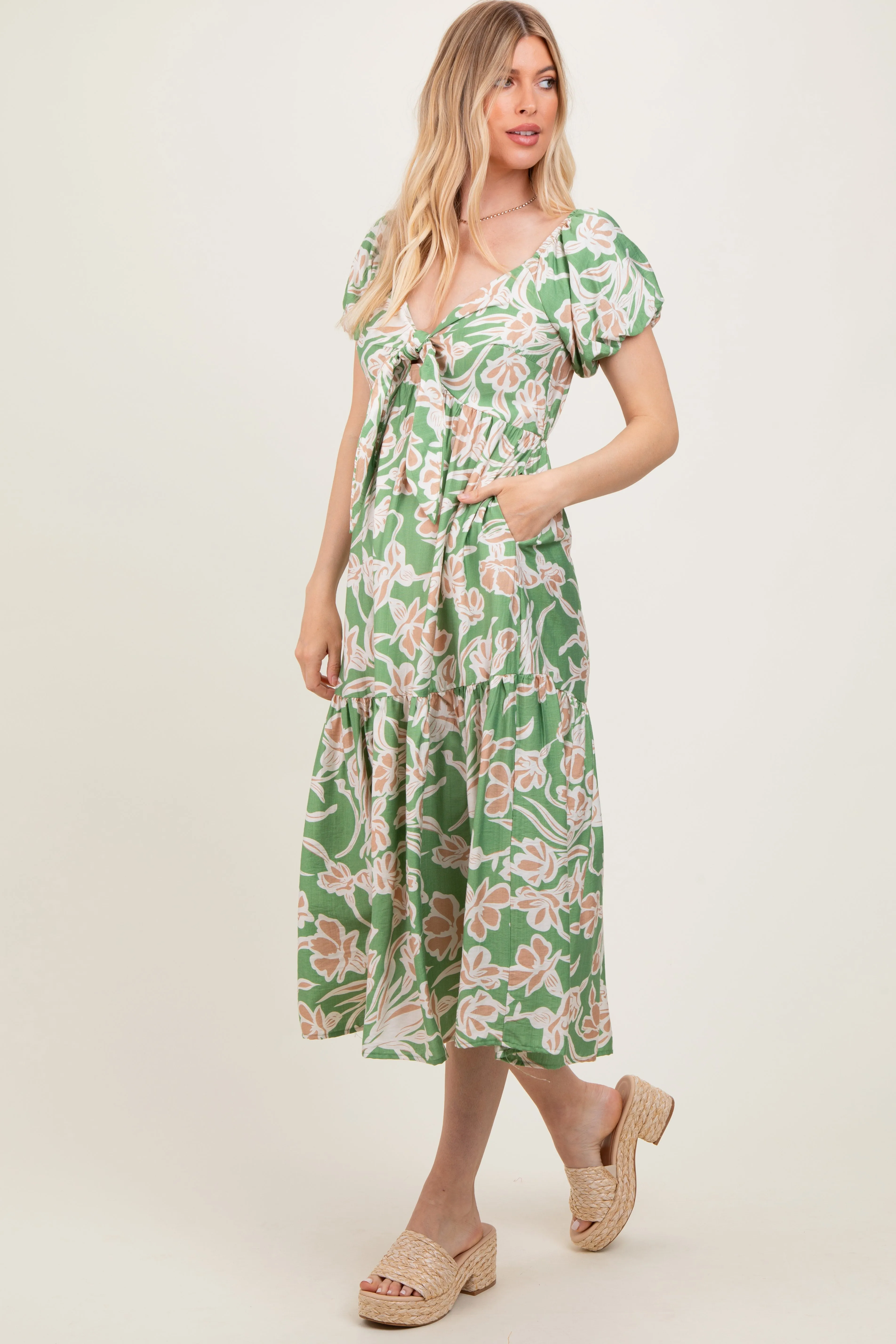 Green Floral Front Tie Midi Dress sold by Pinkblush product image thumbnail 3