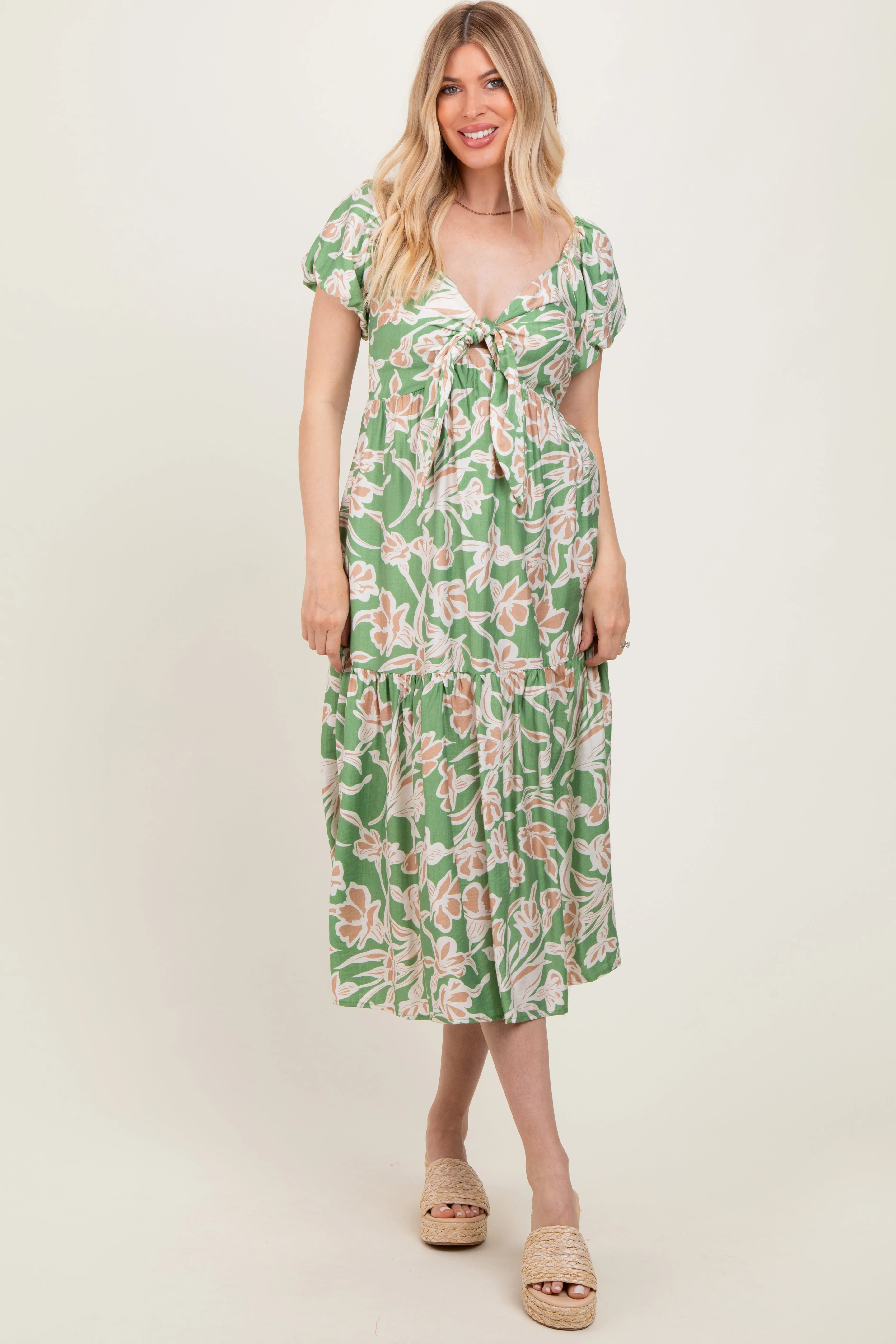 Green Floral Front Tie Midi Dress sold by Pinkblush
