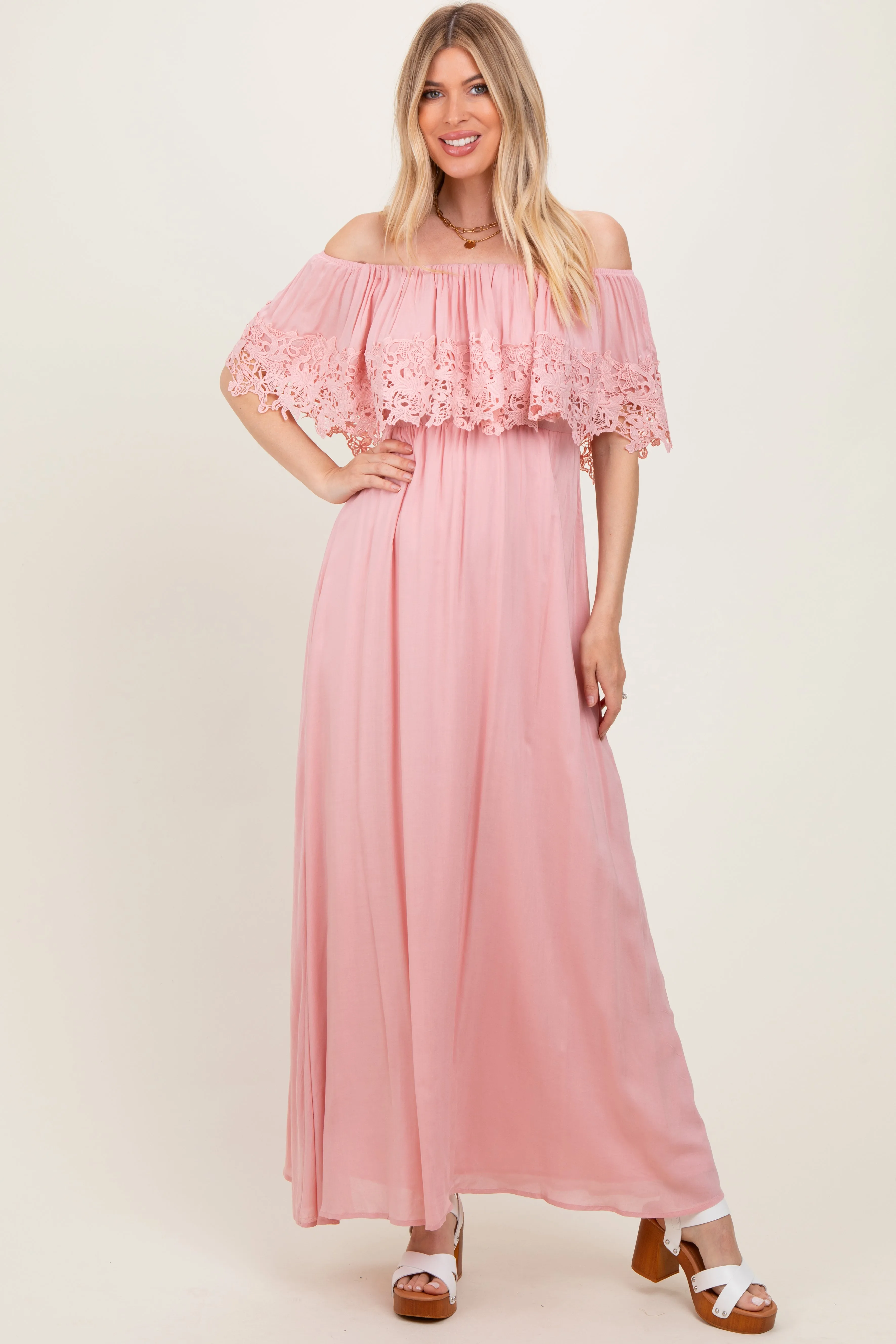 Pink Lace Off Shoulder Maxi Dress sold by Pinkblush