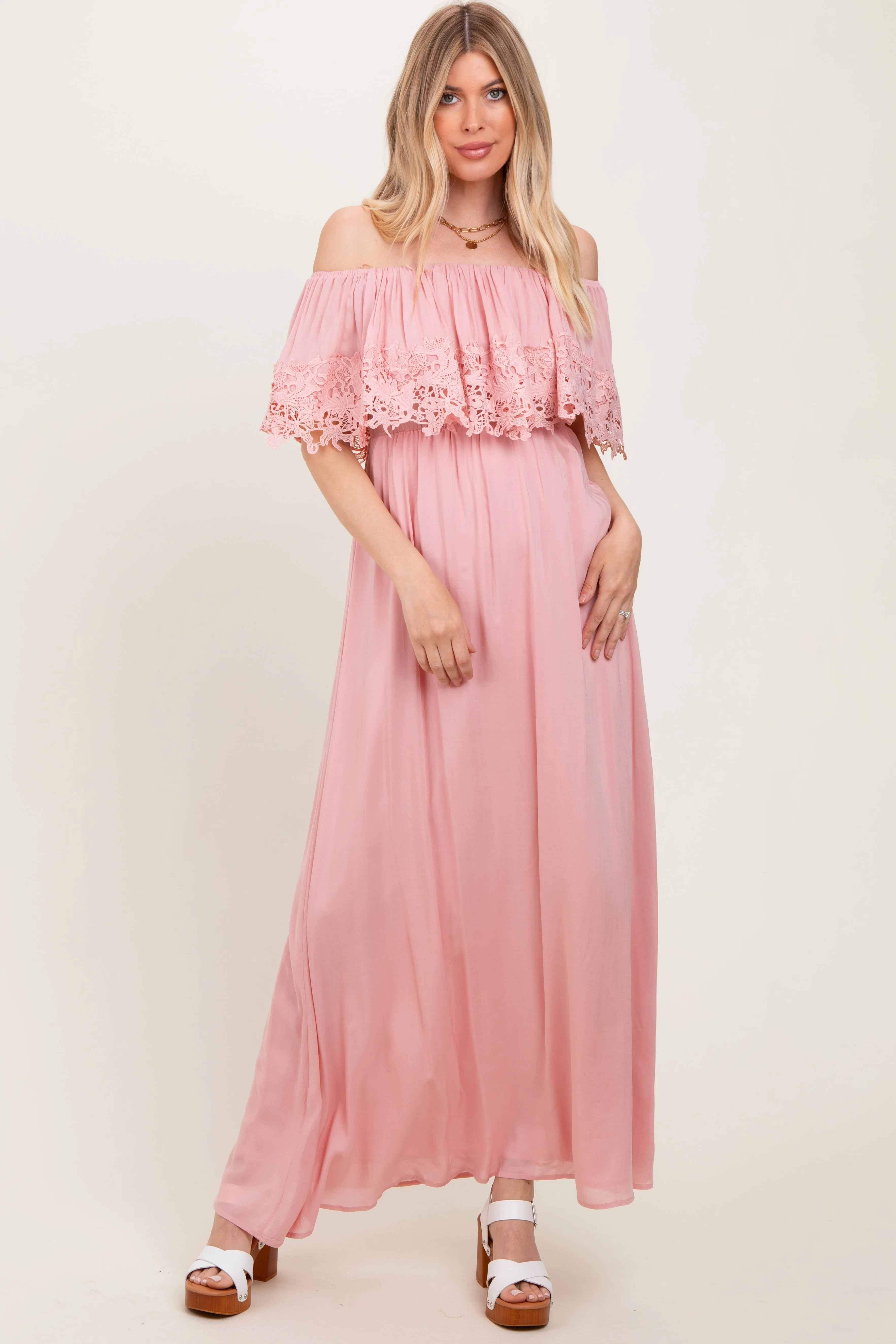 Pink Lace Off Shoulder Maxi Dress sold by Pinkblush product image thumbnail 2