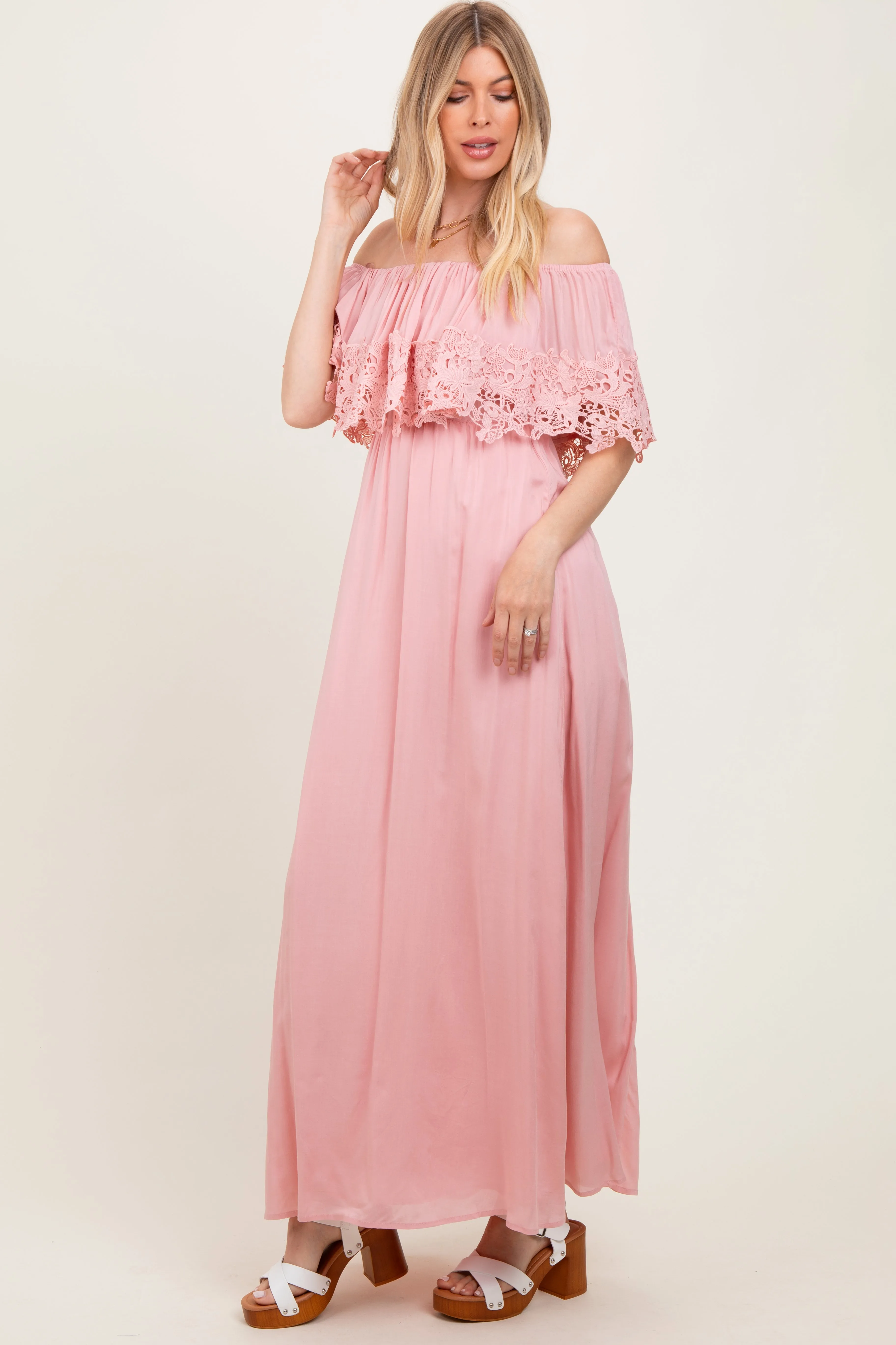 Pink Lace Off Shoulder Maxi Dress sold by Pinkblush product image thumbnail 3