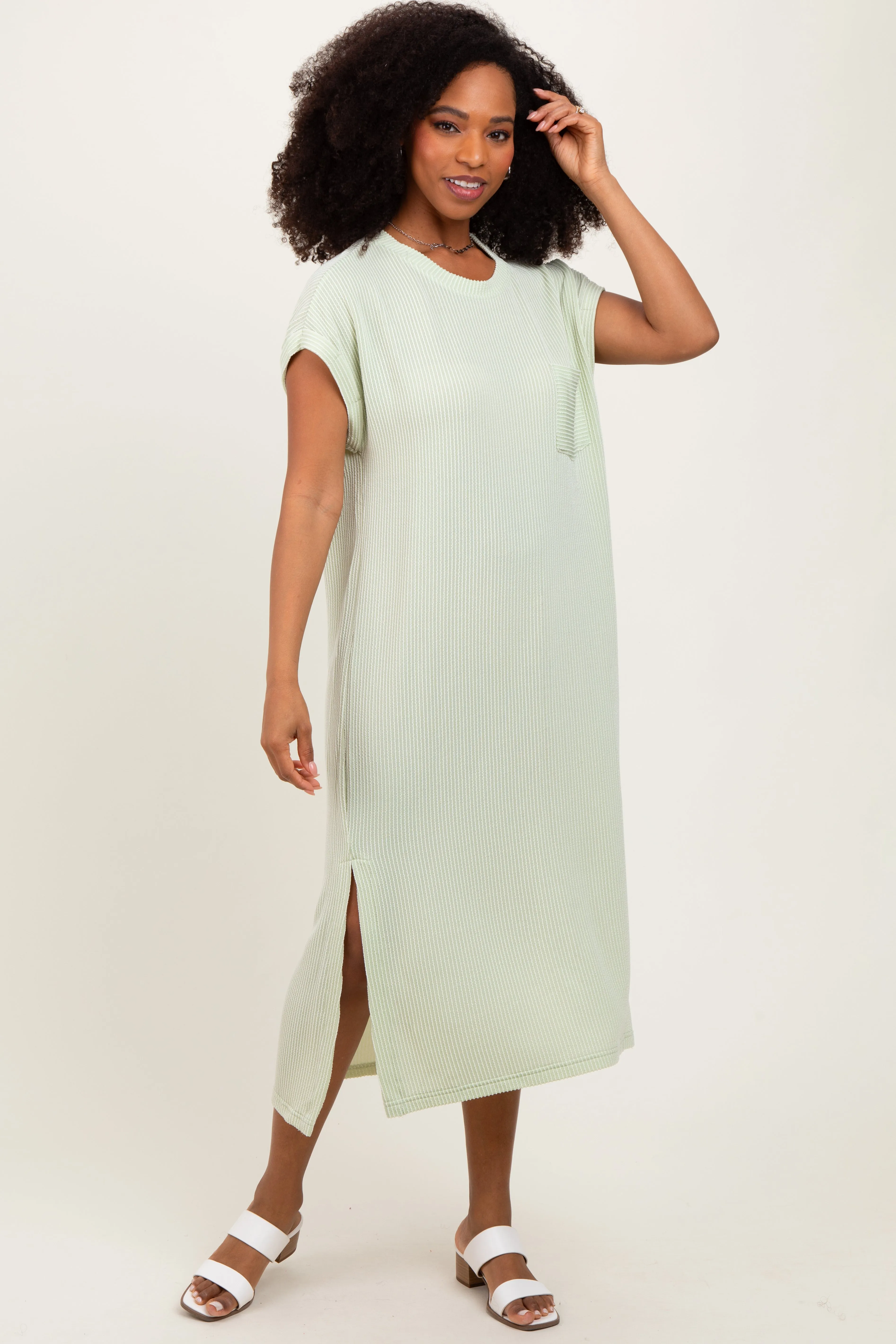 Light Olive Ribbed Short Sleeve Front Pocket Midi Dress sold by Pinkblush product image thumbnail 2