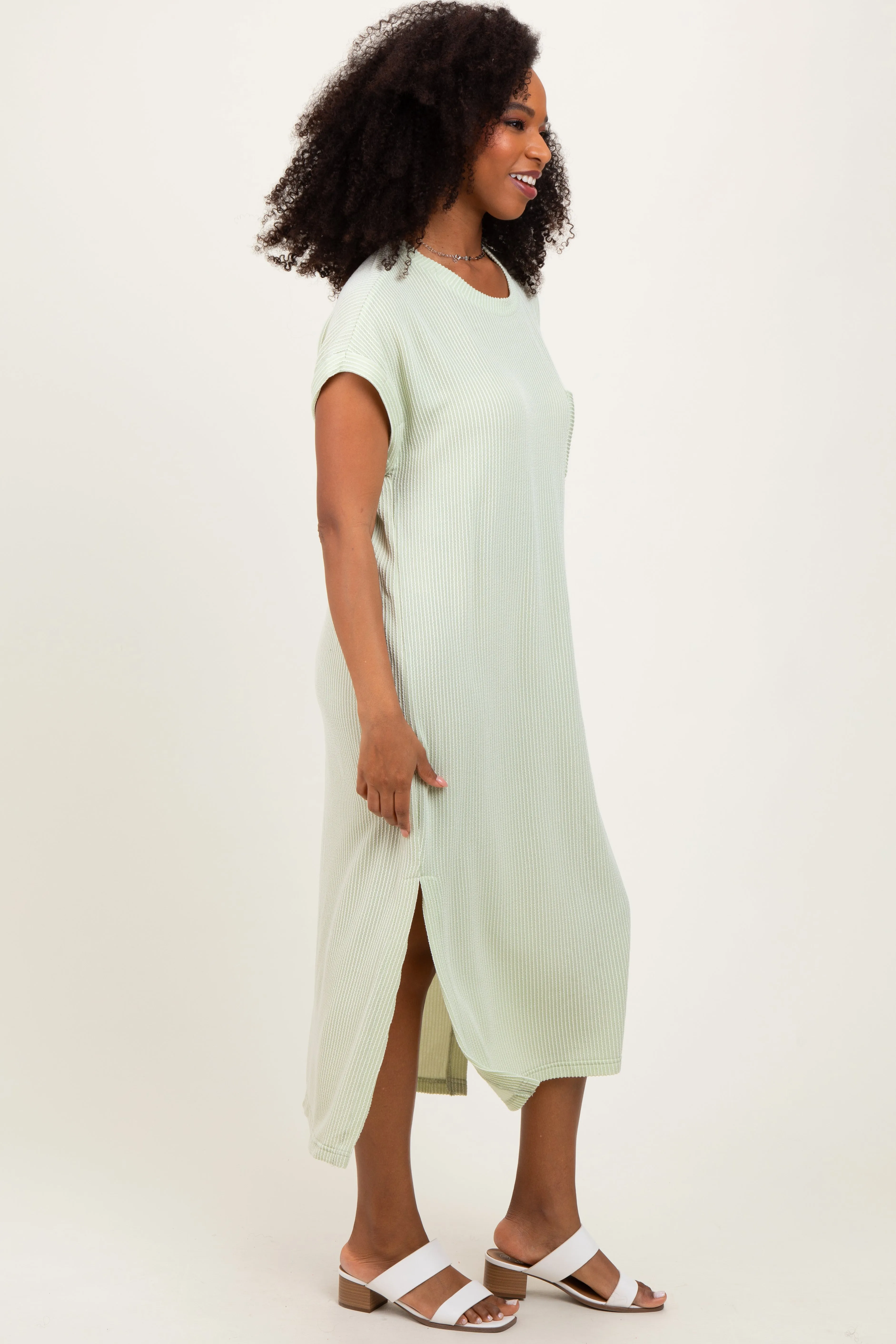 Light Olive Ribbed Short Sleeve Front Pocket Midi Dress sold by Pinkblush product image thumbnail 3