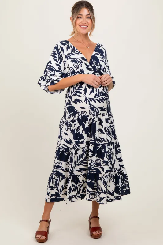 Navy Abstract Floral V-Neck Tiered Maternity Midi Dress sold by Pinkblush