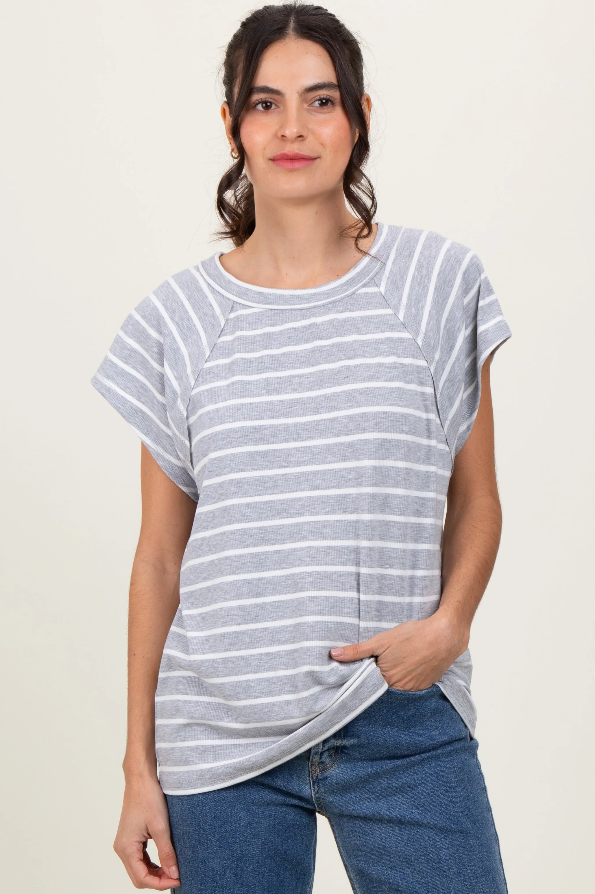 Heather Grey Stripe Ribbed Short Sleeve Maternity Tunic Top sold by Pinkblush product image thumbnail 5