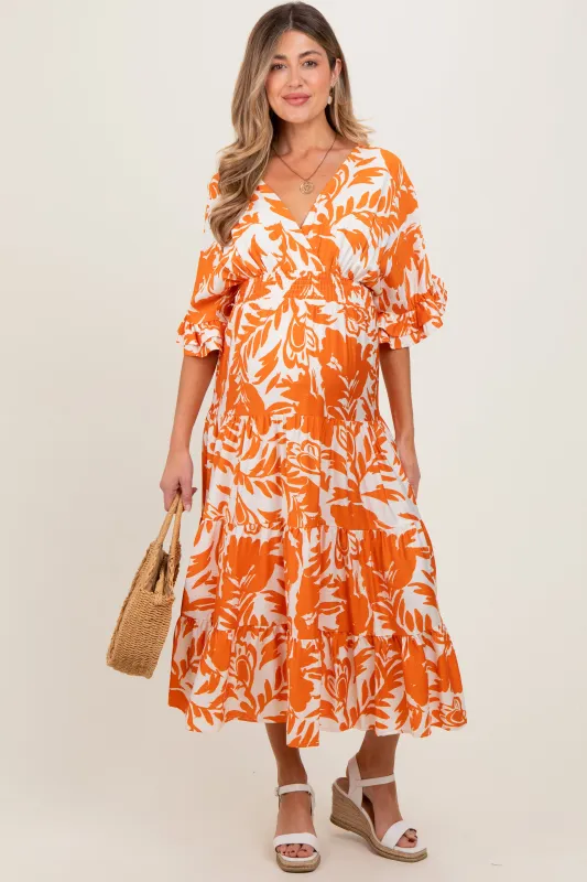 Orange Abstract Floral V-Neck Tiered Maternity Midi Dress sold by Pinkblush