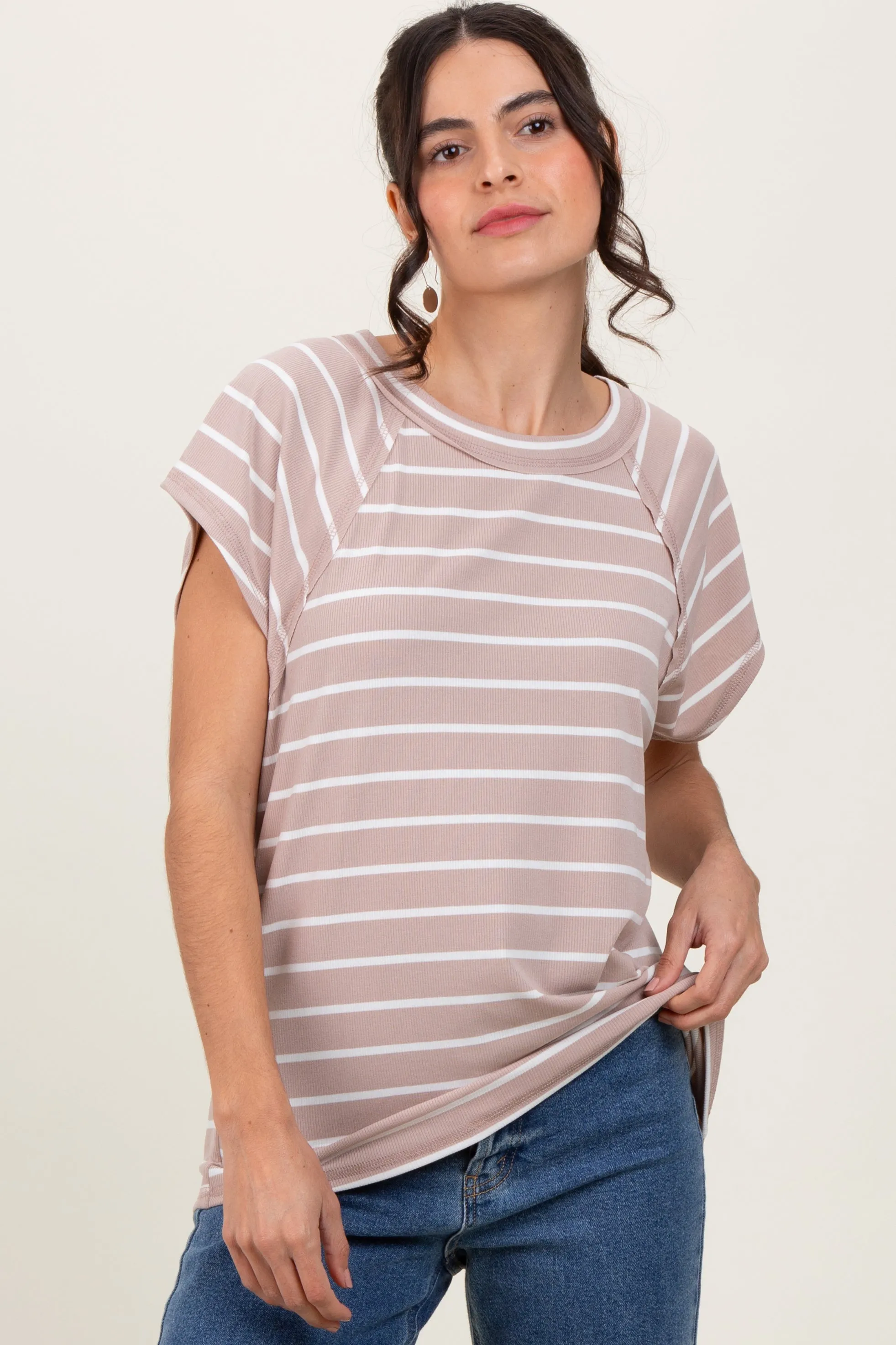 Mocha Stripe Ribbed Short Sleeve Maternity Tunic Top sold by Pinkblush product image thumbnail 4