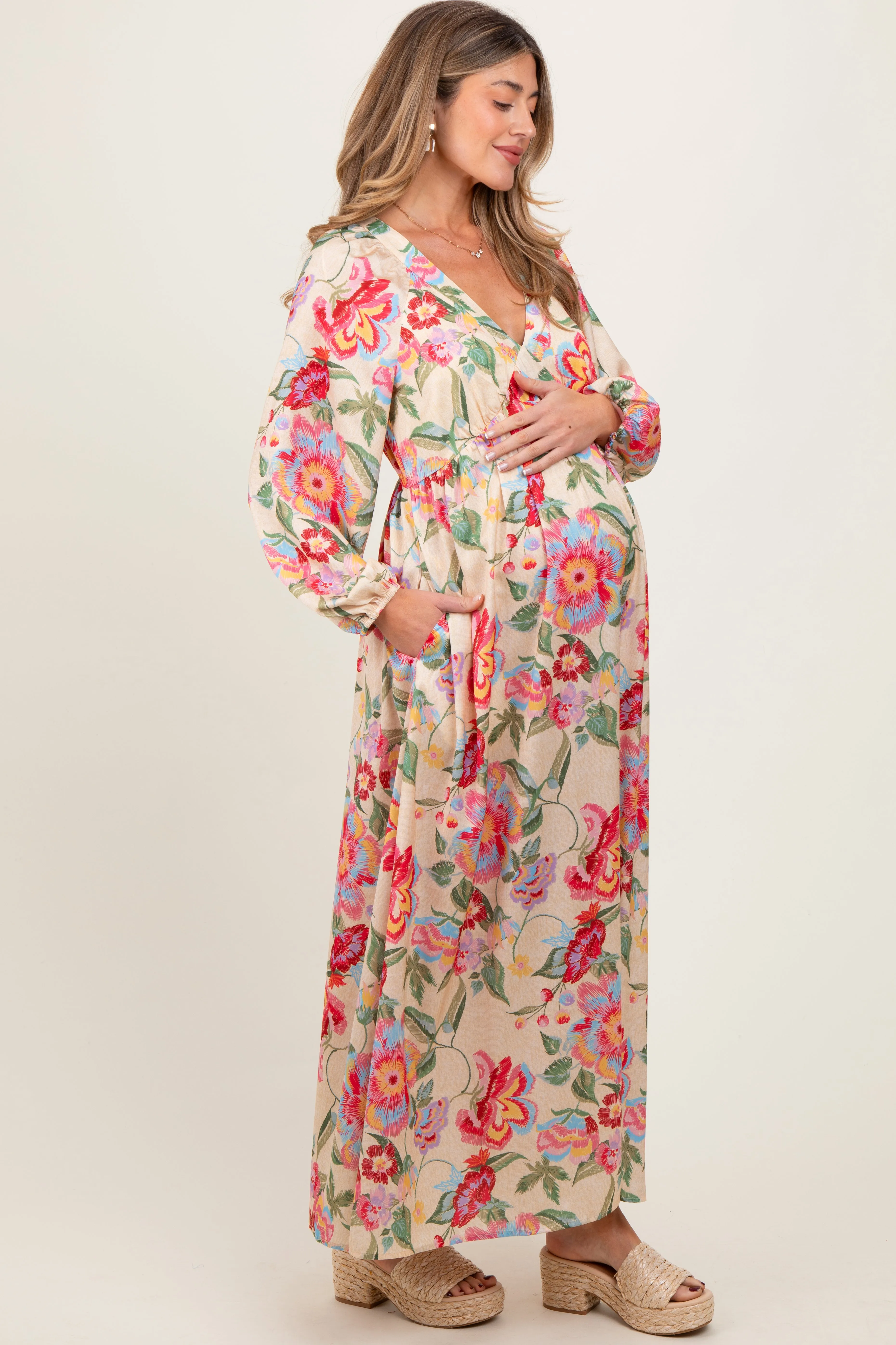 Beige Floral V-Neck Long Sleeve Maternity Maxi Dress sold by Pinkblush product image thumbnail 3