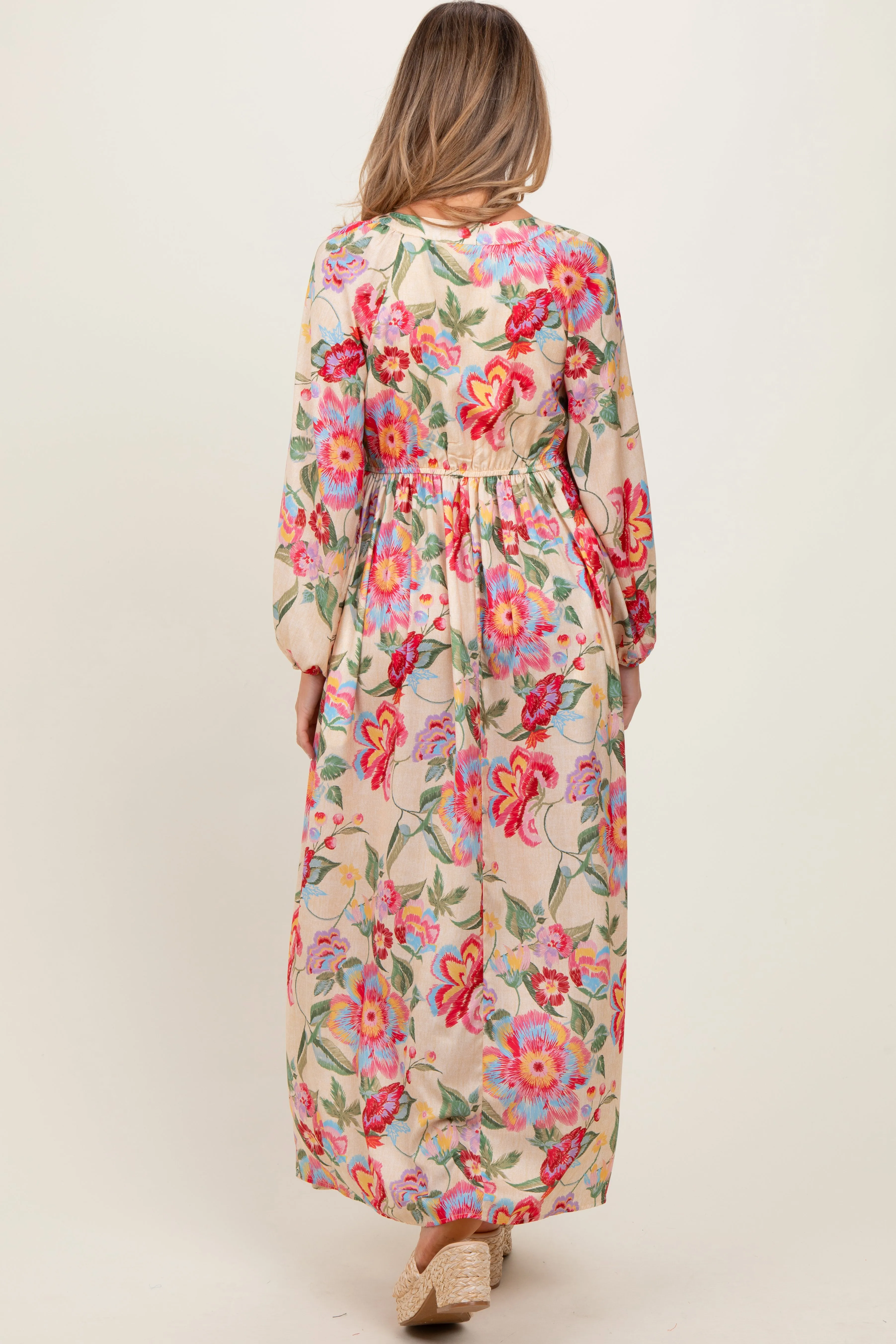 Beige Floral V-Neck Long Sleeve Maternity Maxi Dress sold by Pinkblush product image thumbnail 4